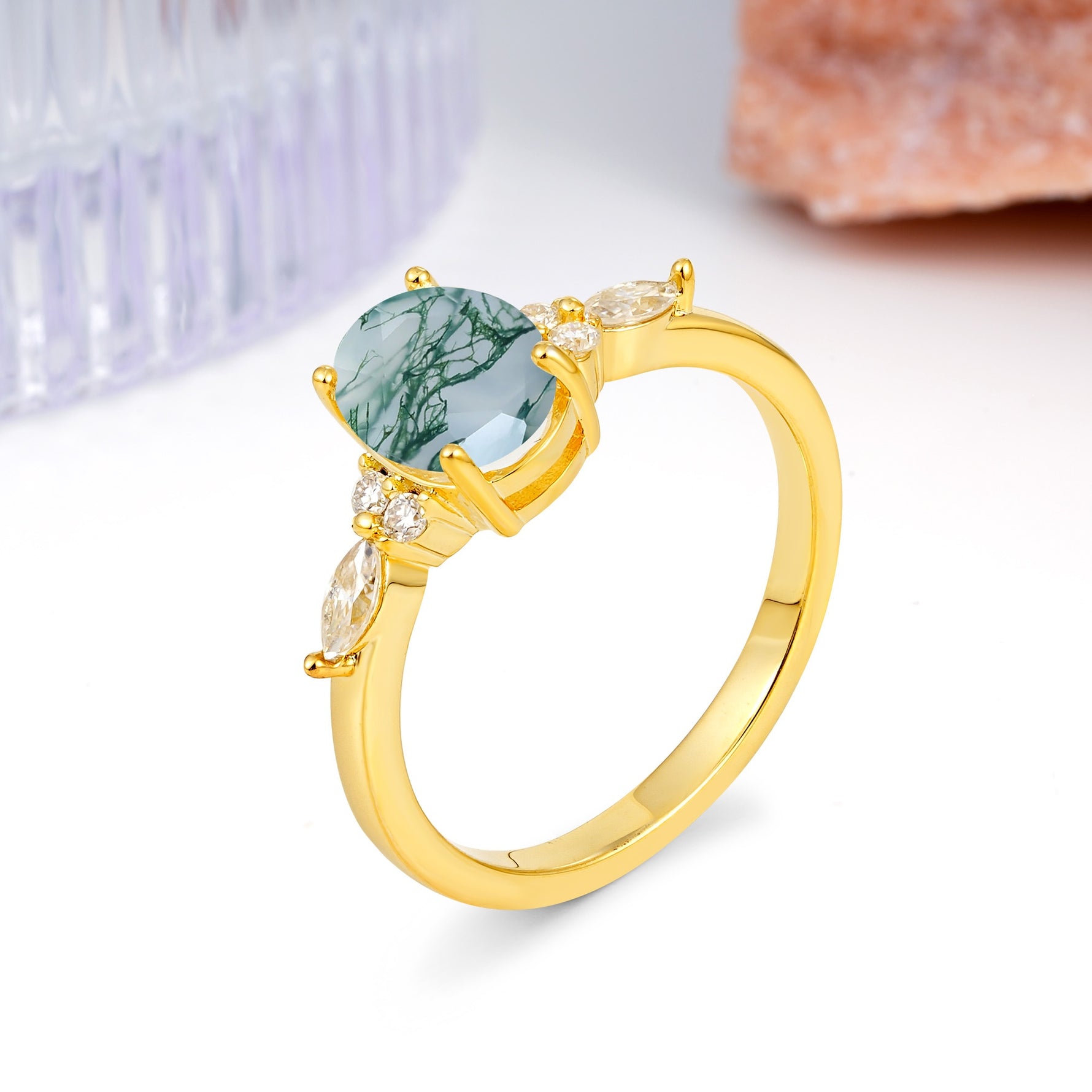 Classic and Luxurious 4-Prong Oval Cut Moss Agate Engagement Ring - Additional view