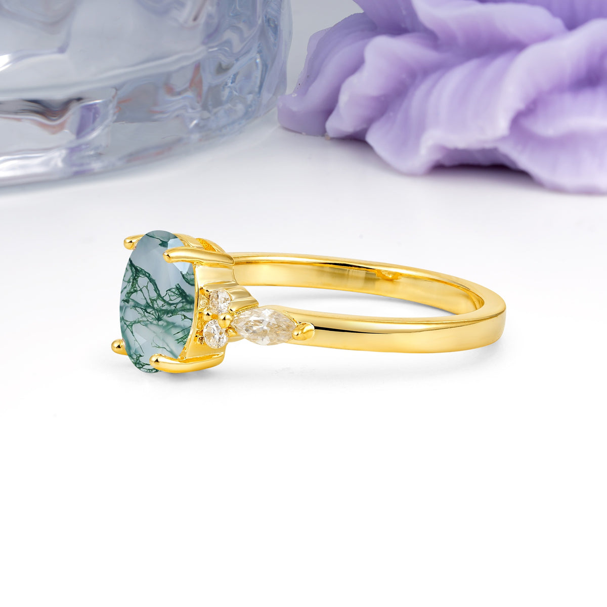 Classic and Luxurious 4-Prong Oval Cut Moss Agate Engagement Ring - Additional view