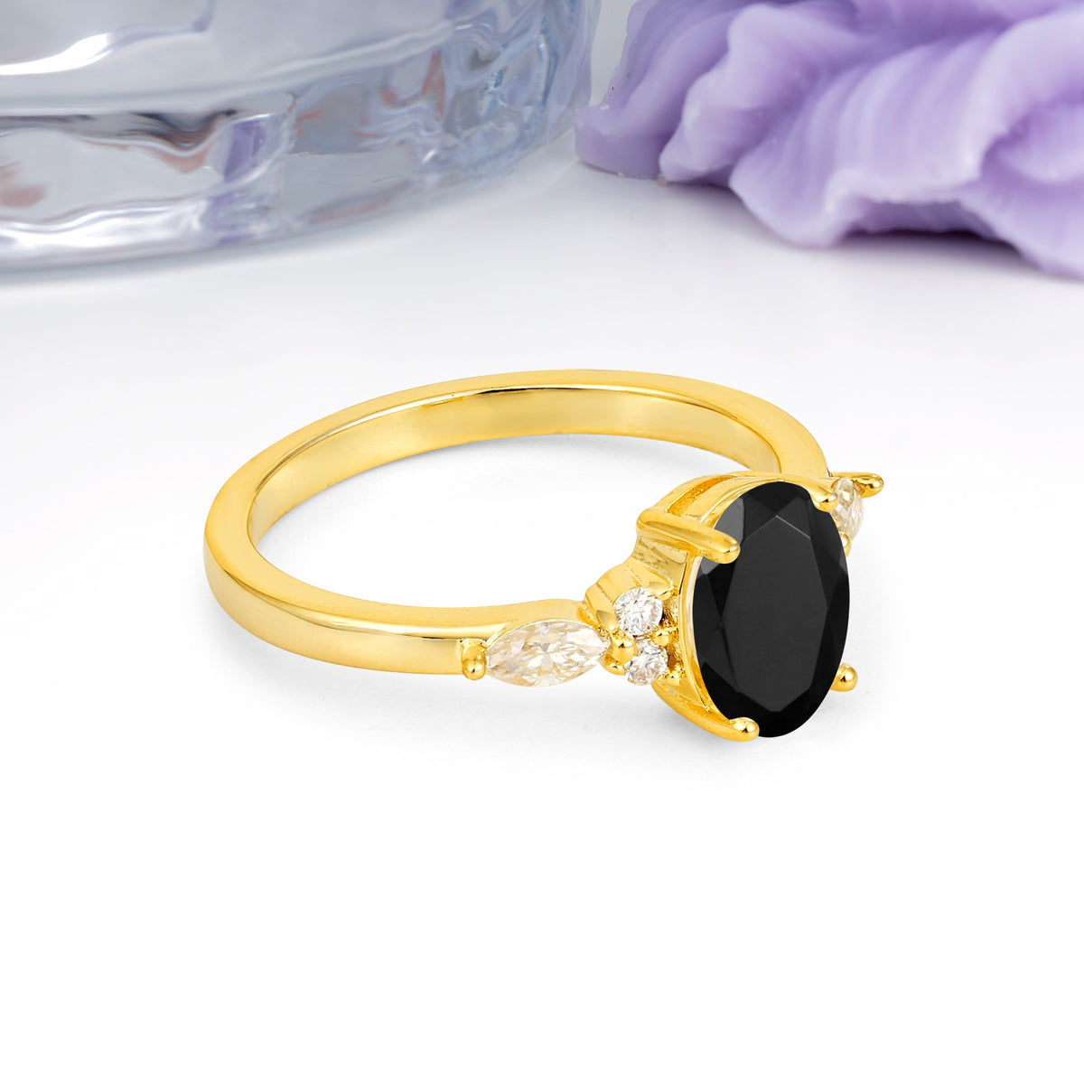 Classic and Luxurious 4-Prong Oval Cut Black Onyx Engagement Ring - Additional view