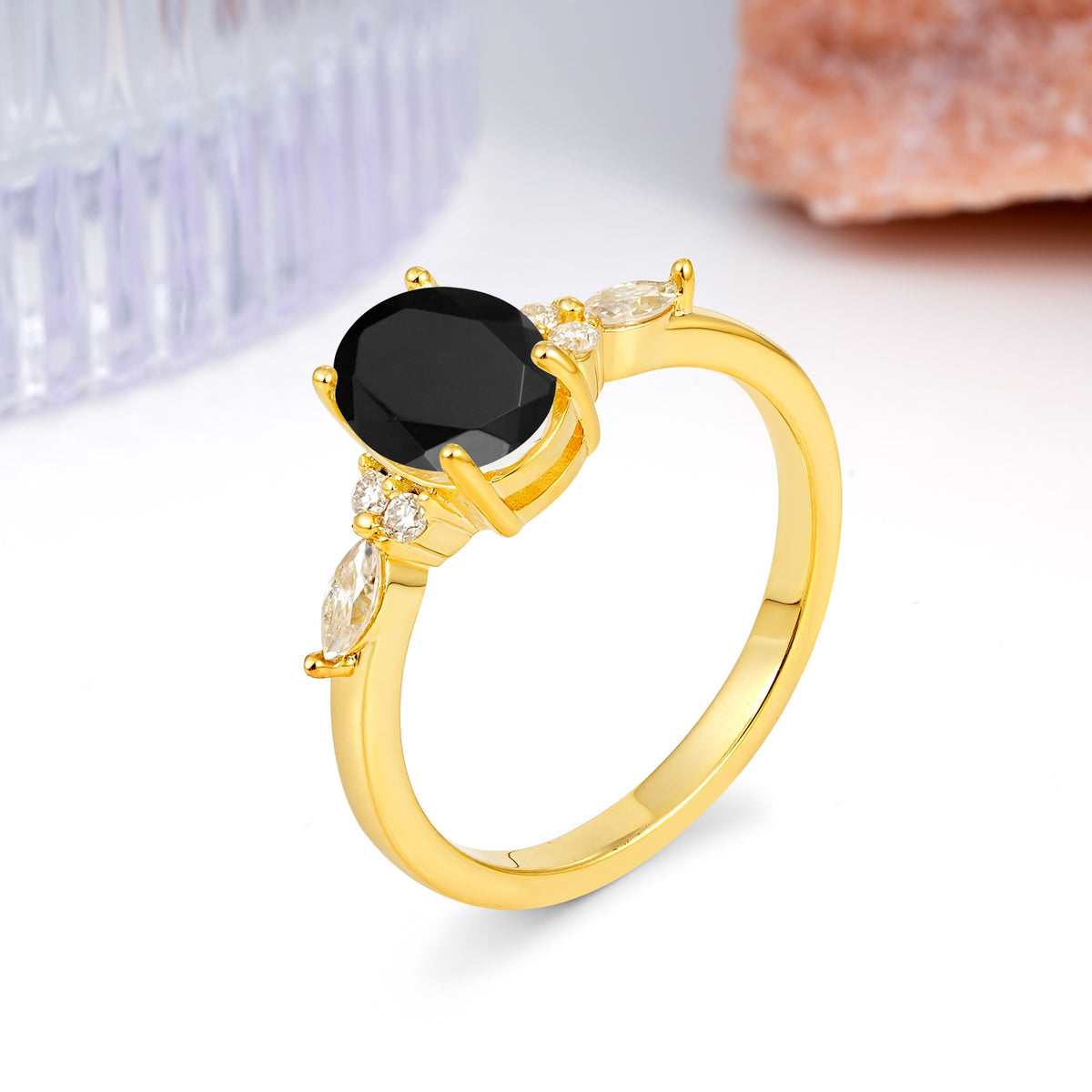 Classic and Luxurious 4-Prong Oval Cut Black Onyx Engagement Ring - Additional view