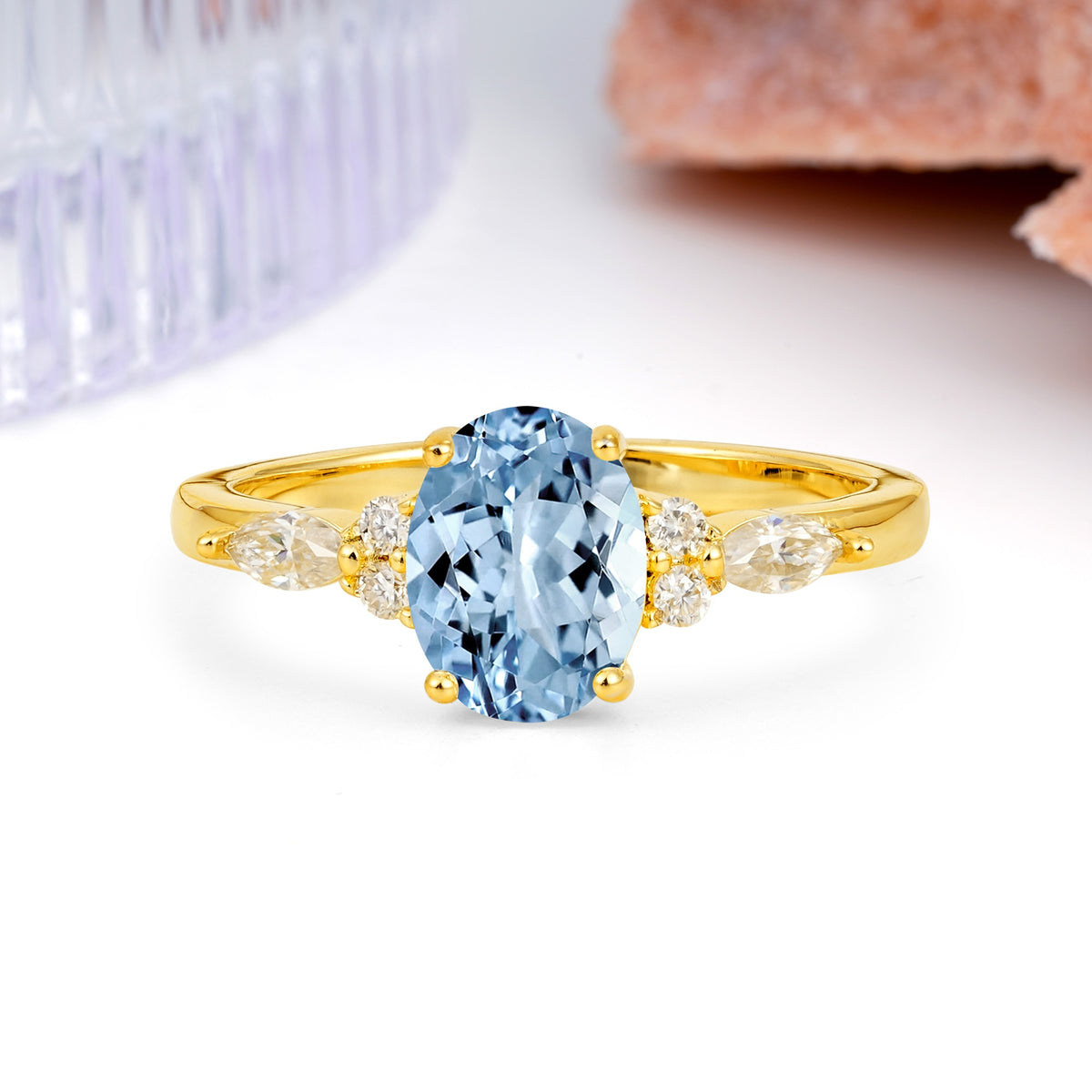 Classic and Luxurious 4-Prong Oval Cut Aquamarine Engagement Ring - Additional view