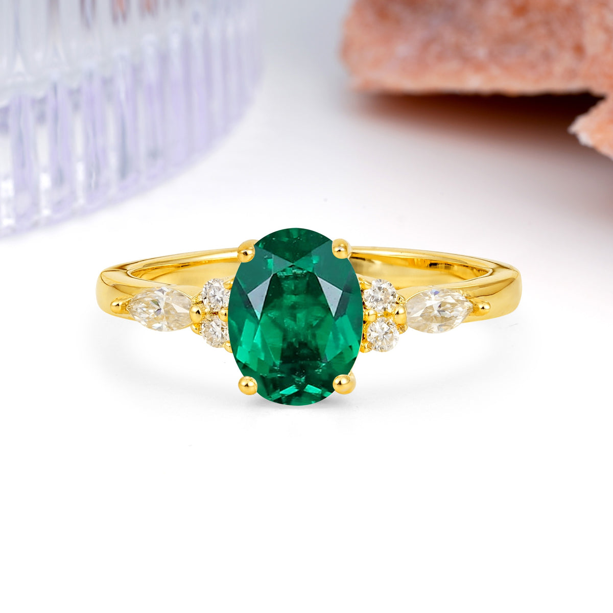 Classic and Luxurious 4-Prong Oval Cut Emerald Engagement Ring - Additional view
