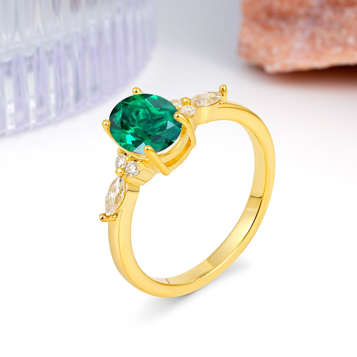 Classic and Luxurious 4-Prong Oval Cut Emerald Engagement Ring - Additional view