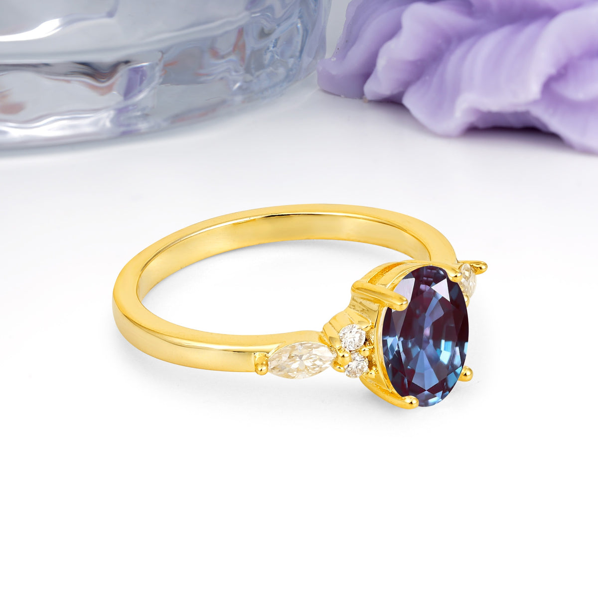 Classic and Luxurious 4-Prong Oval Cut Alexandrite Engagement Ring - Additional view
