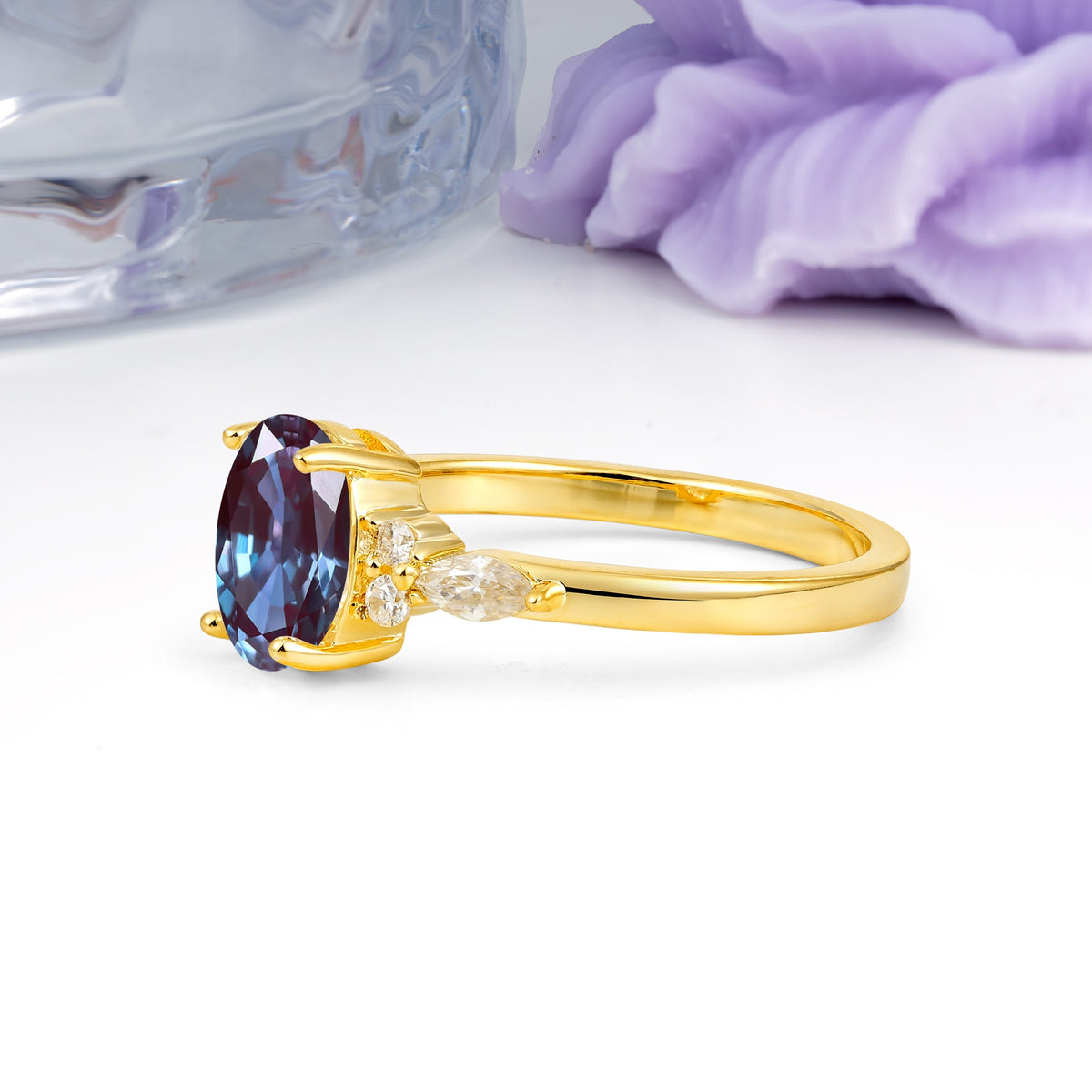 Classic and Luxurious 4-Prong Oval Cut Alexandrite Engagement Ring - Additional view