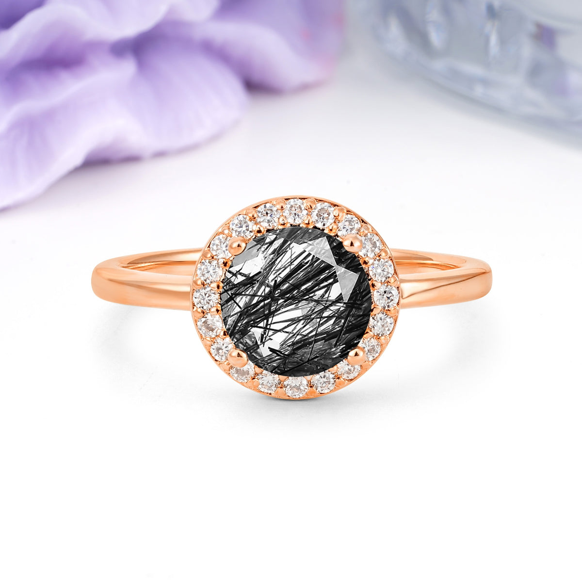 Luxurious 4-Prong Round Cut Black Rutilated Quartz Engagement Ring - Additional view