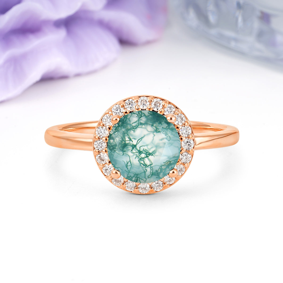 Luxurious 4-Prong Round Cut Moss Agate Engagement Ring - Additional view