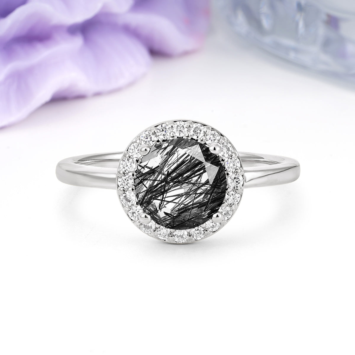 Luxurious 4-Prong Round Cut Black Rutilated Quartz Engagement Ring - Additional view