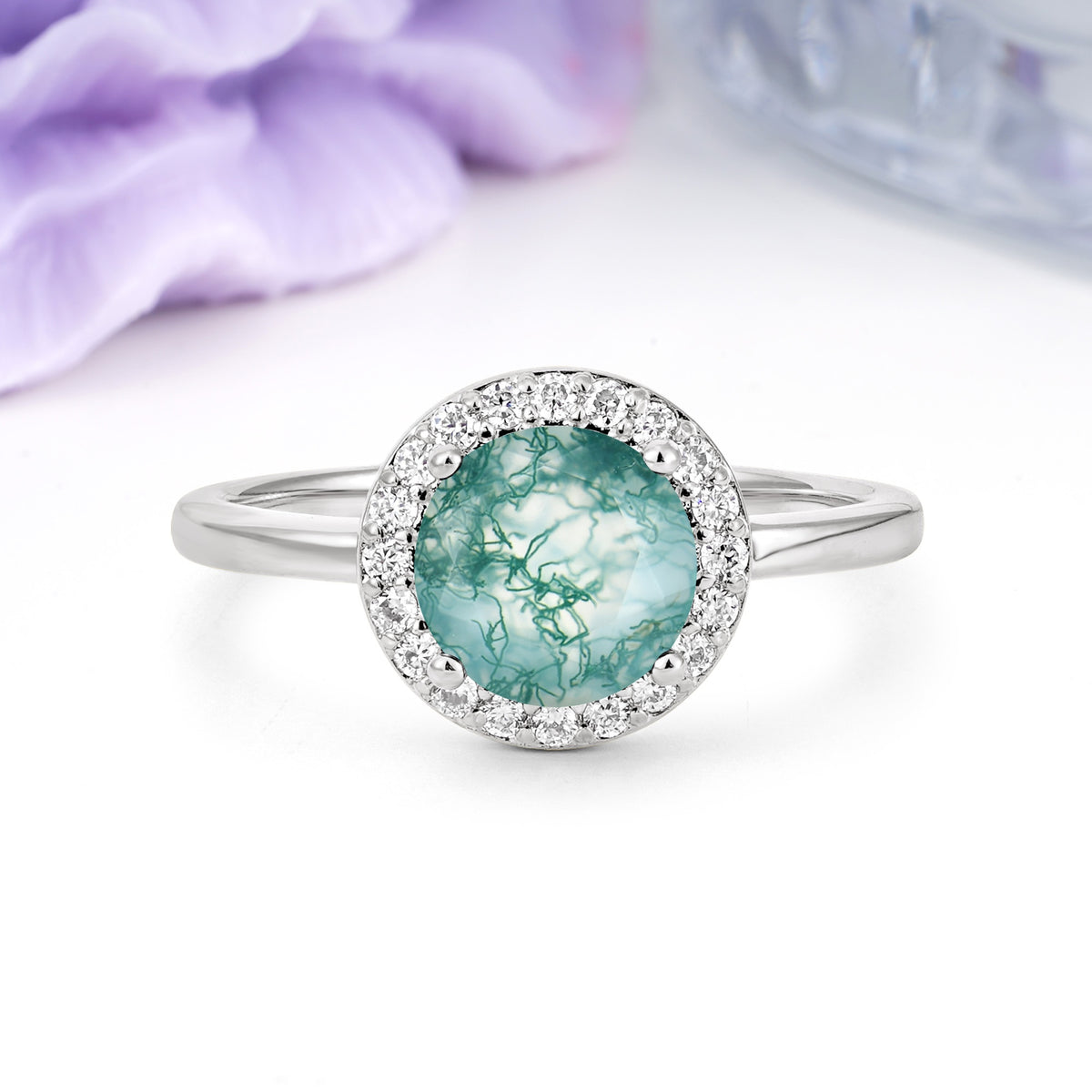 Luxurious 4-Prong Round Cut Moss Agate Engagement Ring - Additional view