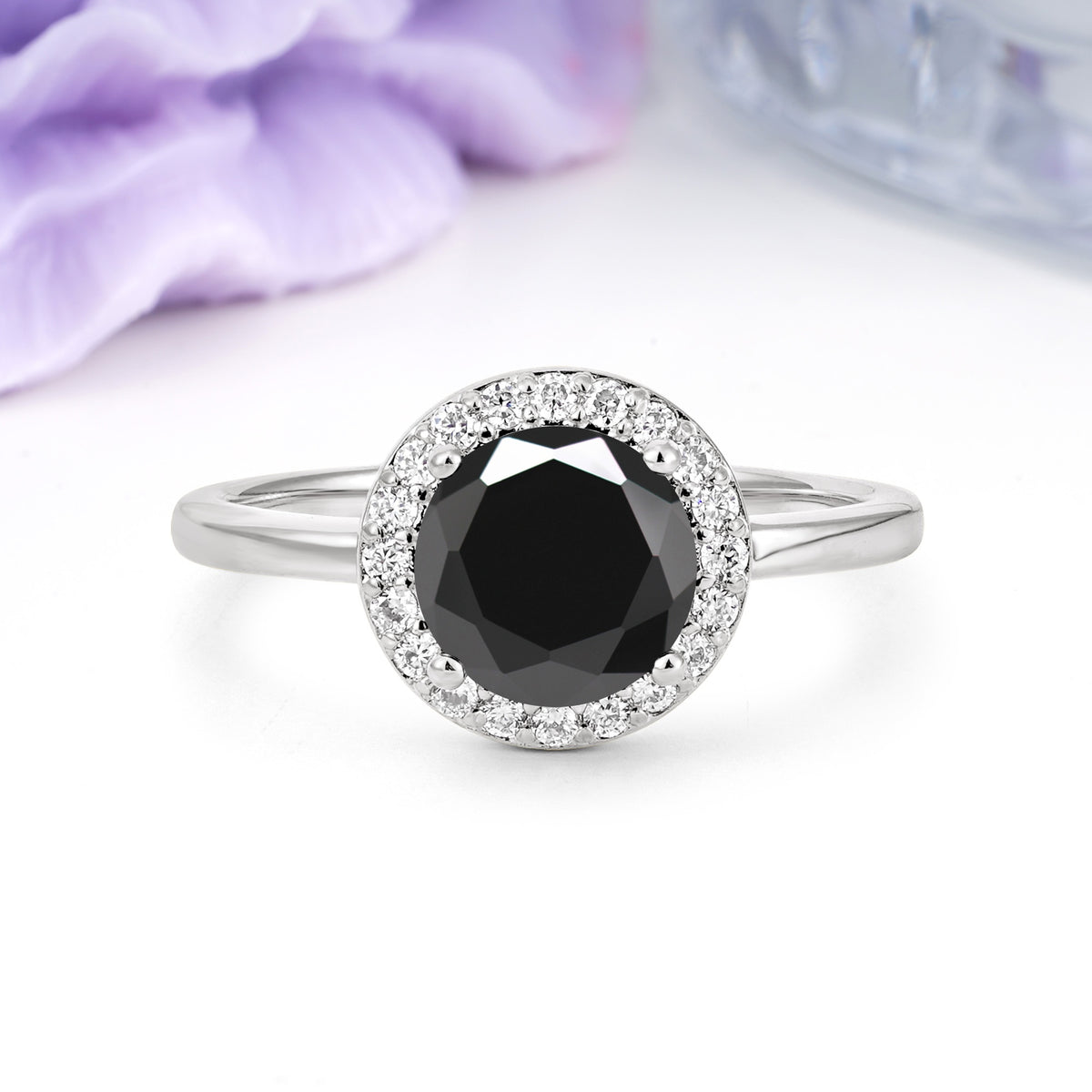 Luxurious 4-Prong Round Cut Black Onyx Engagement Ring - Additional view