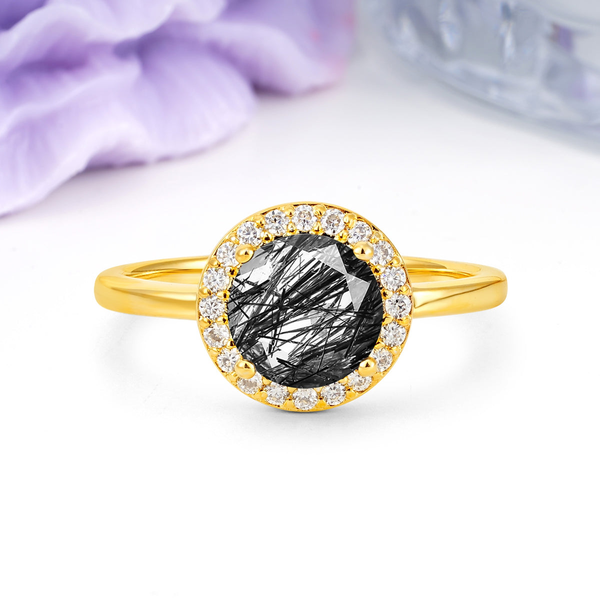 Luxurious 4-Prong Round Cut Black Rutilated Quartz Engagement Ring - Additional view