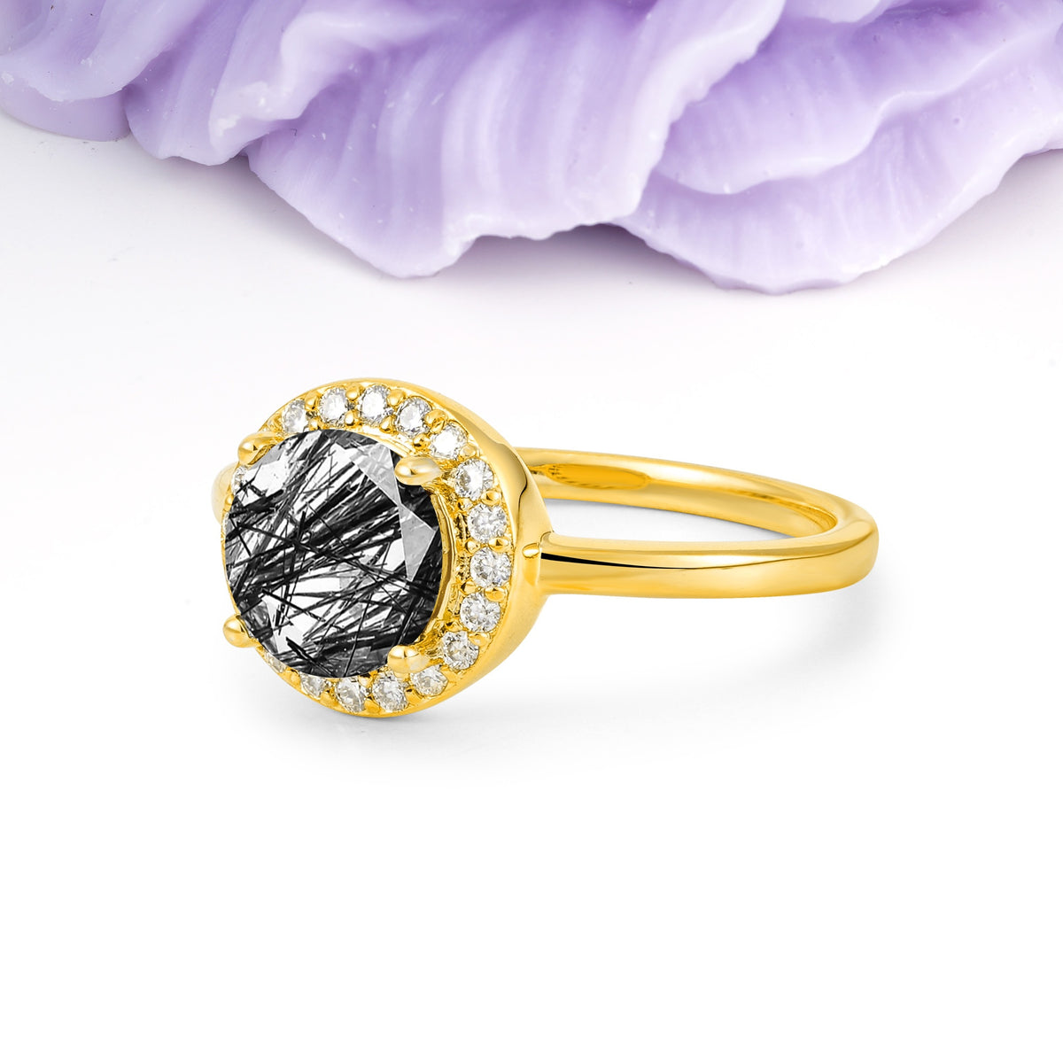 Luxurious 4-Prong Round Cut Black Rutilated Quartz Engagement Ring - Additional view