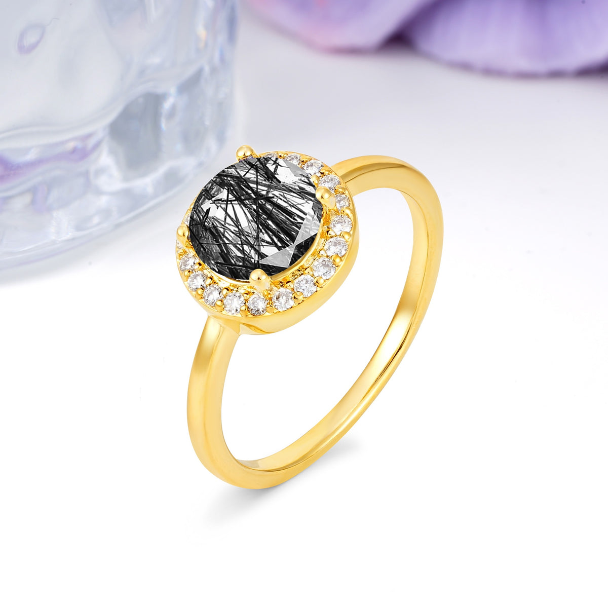 Luxurious 4-Prong Round Cut Black Rutilated Quartz Engagement Ring - Additional view