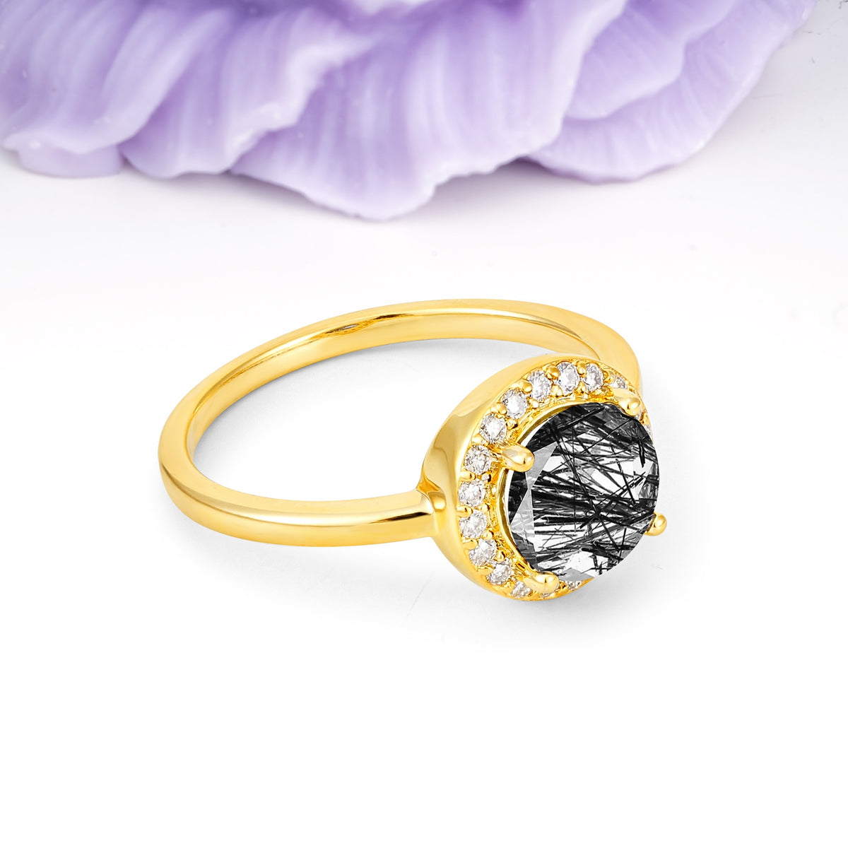 Luxurious 4-Prong Round Cut Black Rutilated Quartz Engagement Ring - Additional view