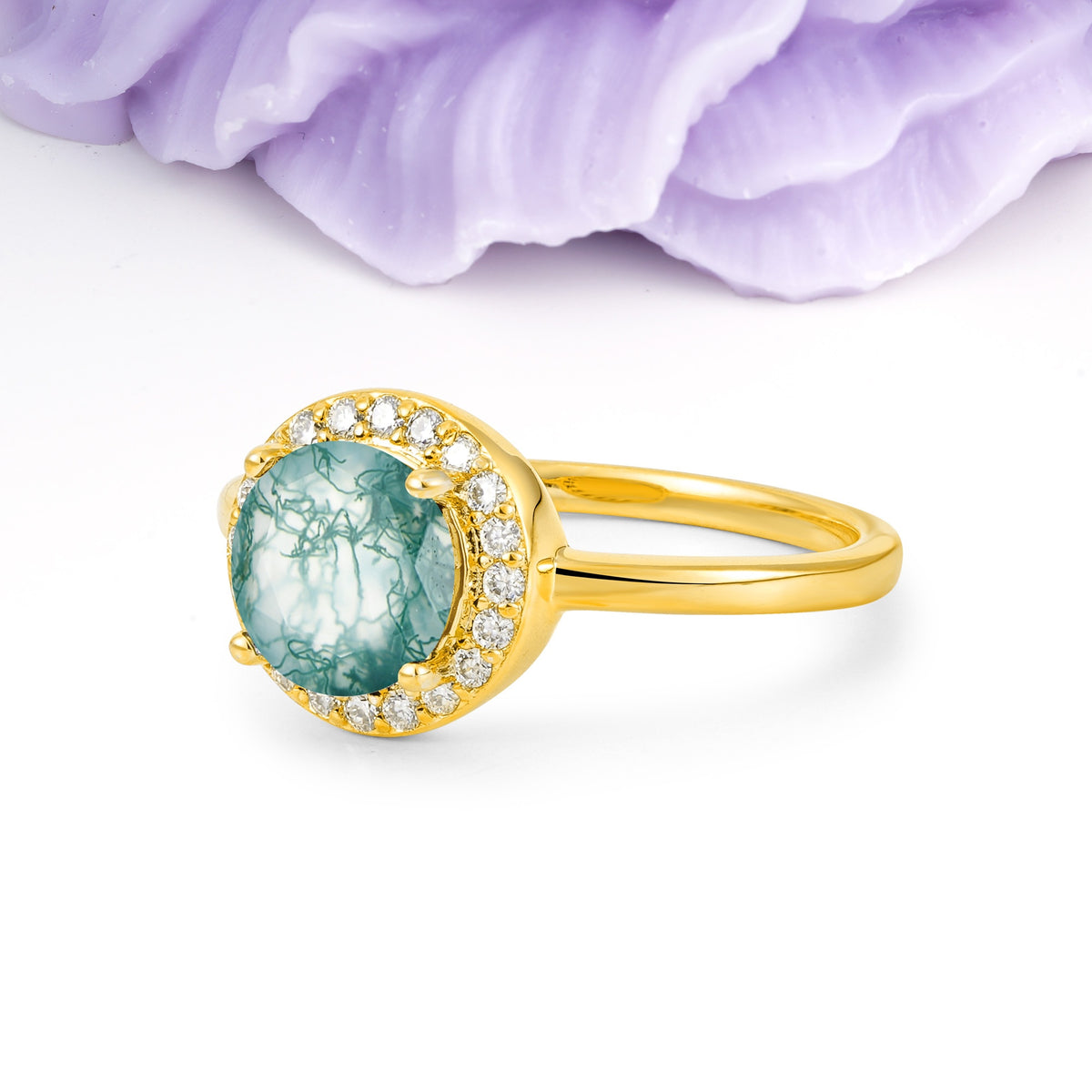 Luxurious 4-Prong Round Cut Moss Agate Engagement Ring - Additional view