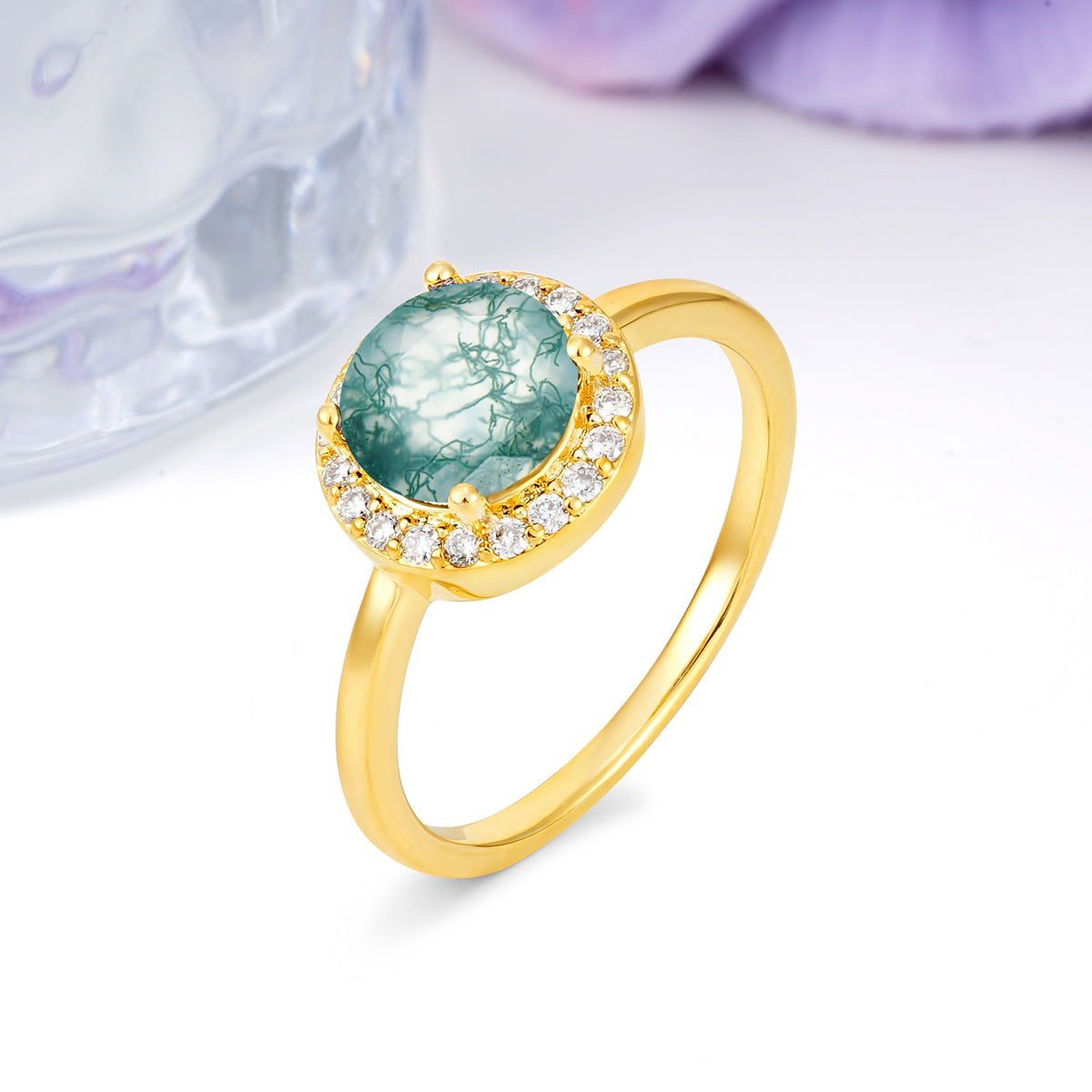 Luxurious 4-Prong Round Cut Moss Agate Engagement Ring - Additional view