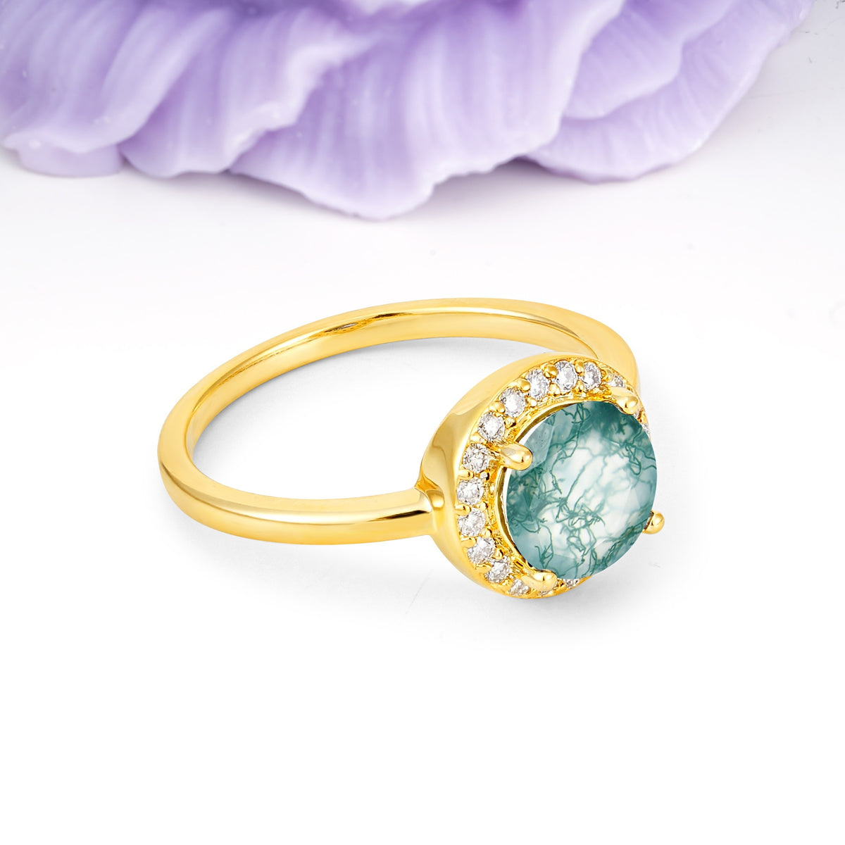 Luxurious 4-Prong Round Cut Moss Agate Engagement Ring - Additional view