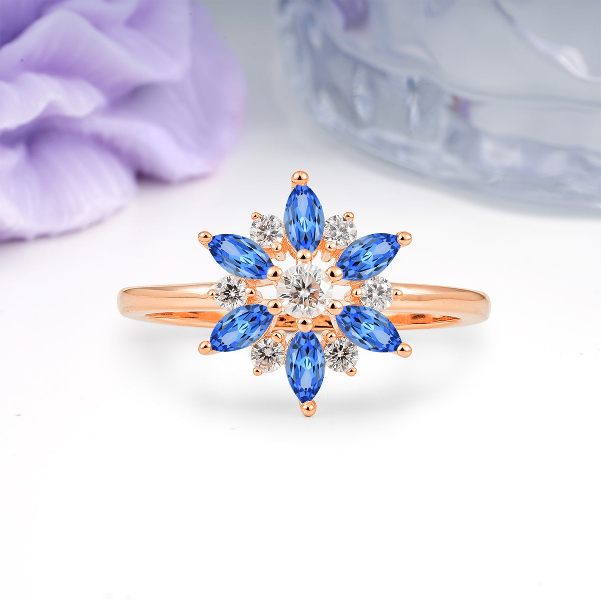 Symmetric Six Marquise Snowflake Cluster Center Round Cut Sapphire Engagement Ring - Additional view