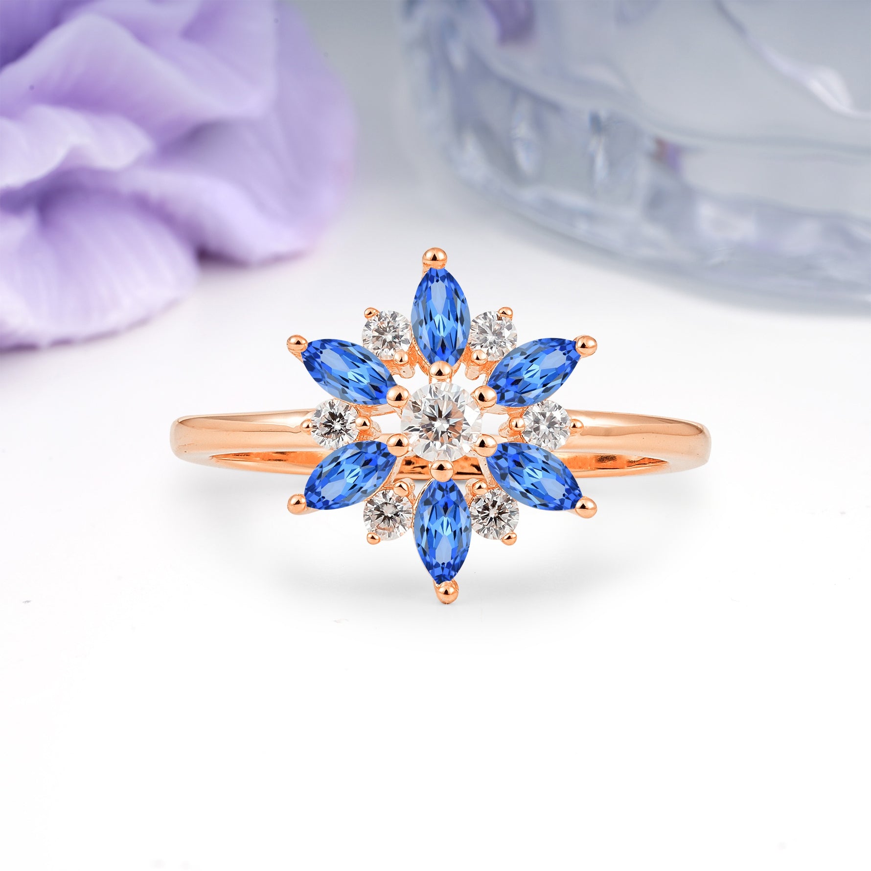 Symmetric Six Marquise Snowflake Cluster Center Round Cut Sapphire Engagement Ring - Additional view