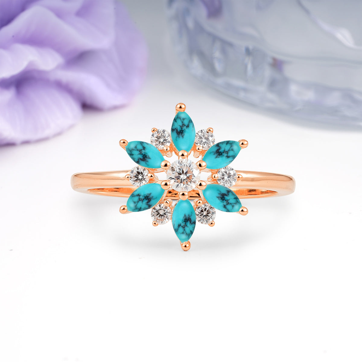 Symmetric Six Marquise Snowflake Cluster Center Round Cut Turquoise Engagement Ring - Additional view