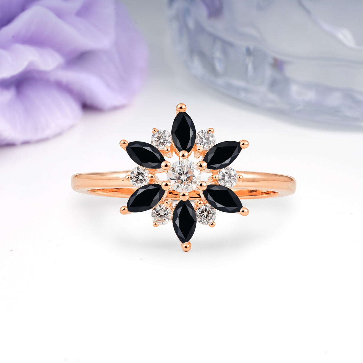 Symmetric Six Marquise Snowflake Cluster Center Round Cut Black Onyx Engagement Ring - Additional view