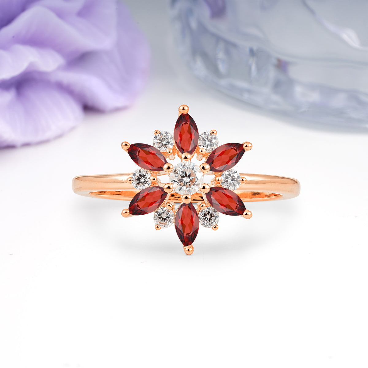 Symmetric Six Marquise Snowflake Cluster Center Round Cut Garnet Engagement Ring - Additional view