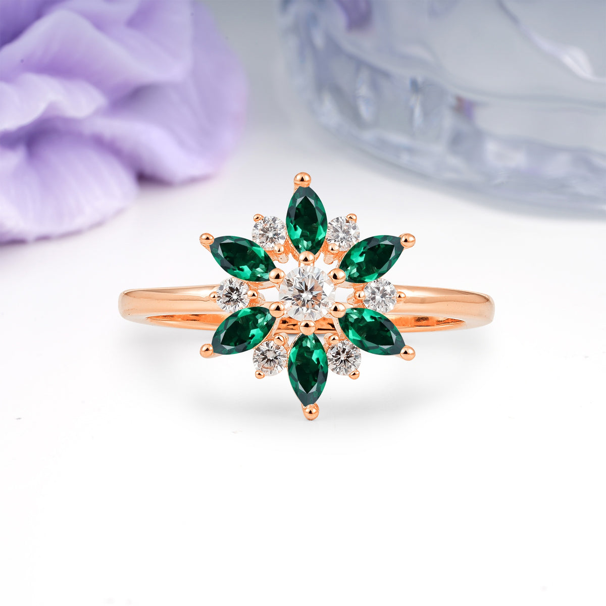 Symmetric Six Marquise Snowflake Cluster Center Round Cut Emerald Engagement Ring - Additional view