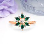 Symmetric Six Marquise Snowflake Cluster Center Round Cut Emerald Engagement Ring - Additional view