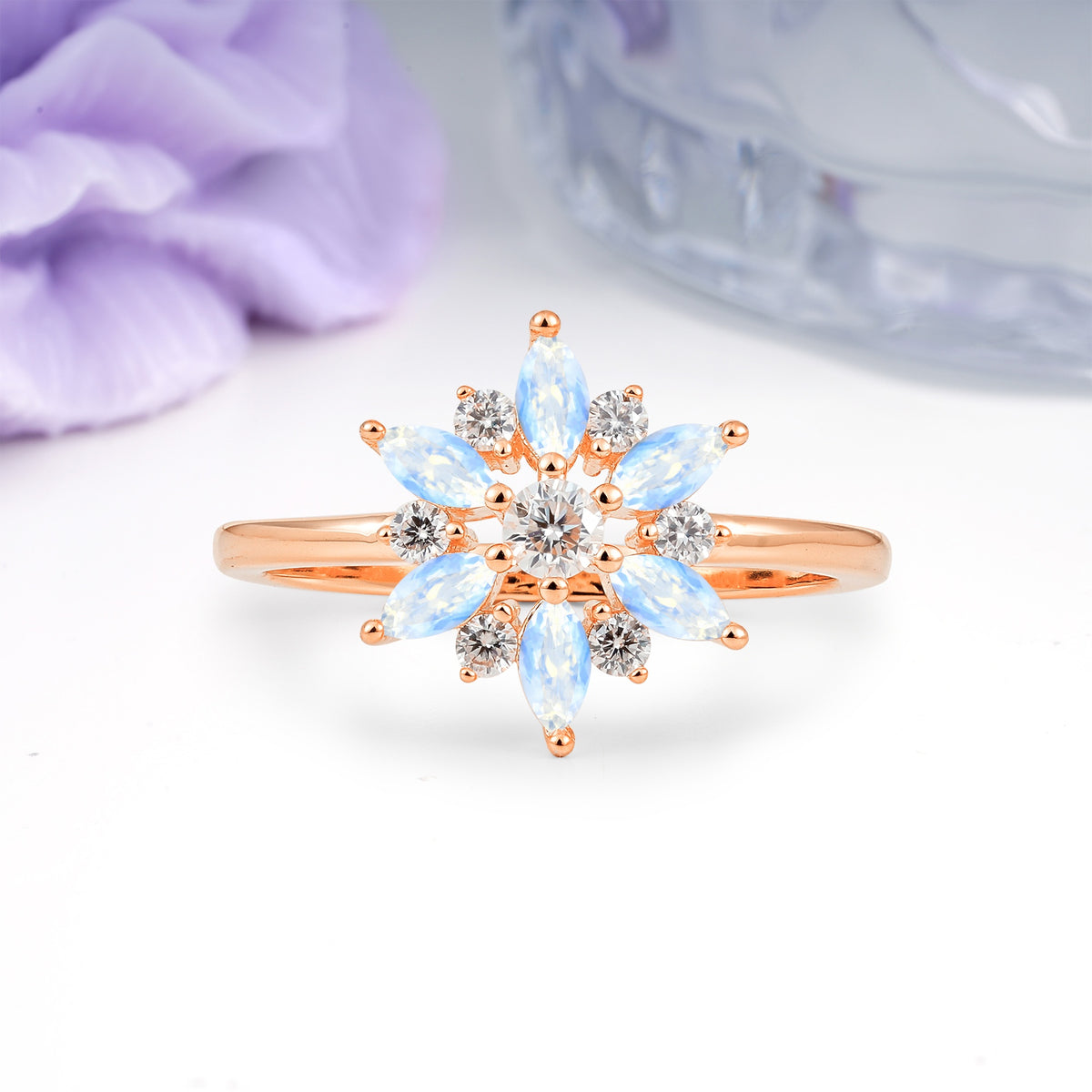 Symmetric Six Marquise Snowflake Cluster Center Round Cut Moonstone Engagement Ring - Additional view
