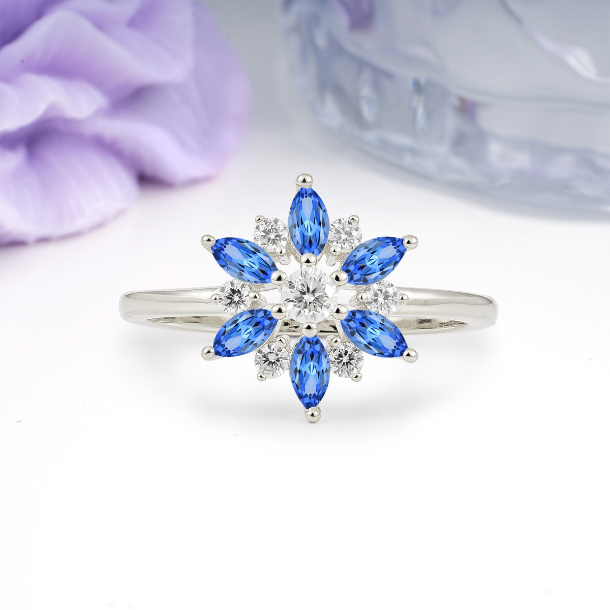 Symmetric Six Marquise Snowflake Cluster Center Round Cut Sapphire Engagement Ring - Additional view