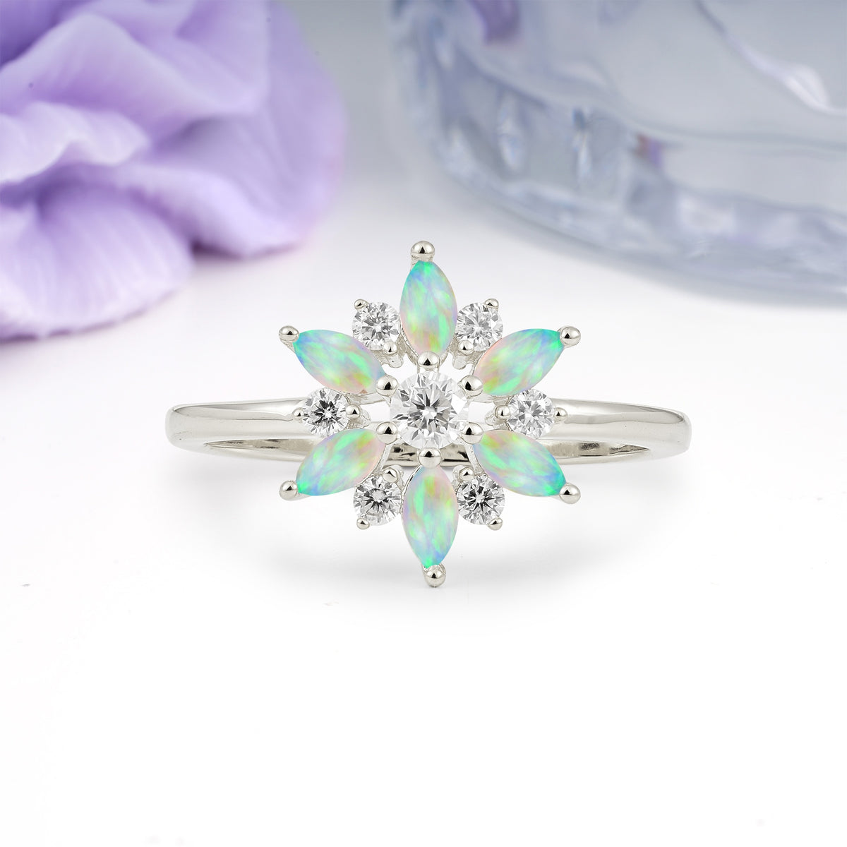 Symmetric Six Marquise Snowflake Cluster Center Round Cut Fire Opal Engagement Ring - Additional view