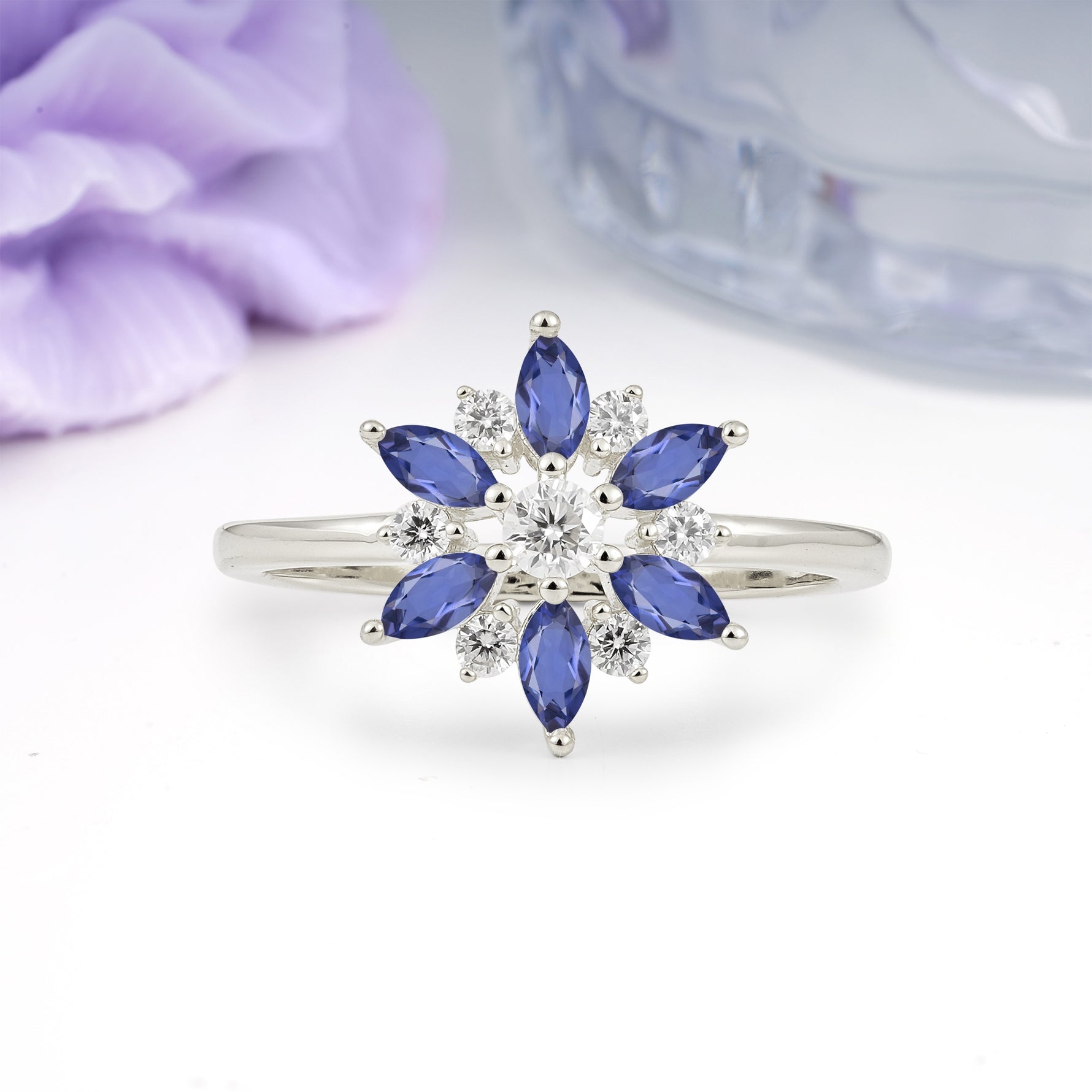 Symmetric Six Marquise Snowflake Cluster Center Round Cut Tanzanite Engagement Ring - Additional view