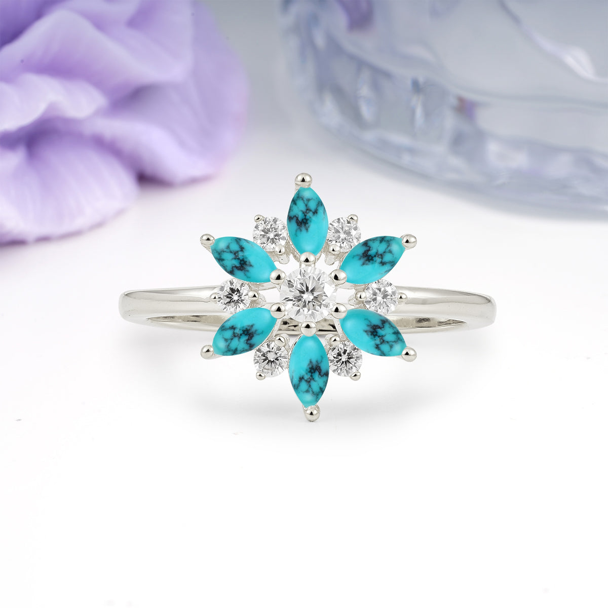 Symmetric Six Marquise Snowflake Cluster Center Round Cut Turquoise Engagement Ring - Additional view