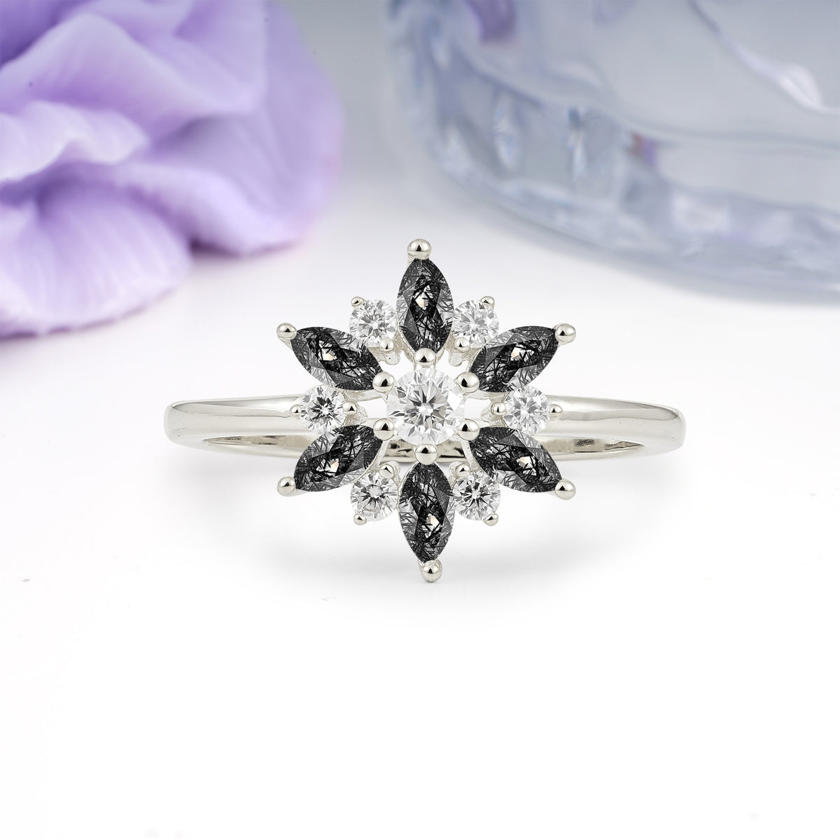Symmetric Six Marquise Snowflake Cluster Center Round Cut Black Rutilated Quartz Engagement Ring - Additional view