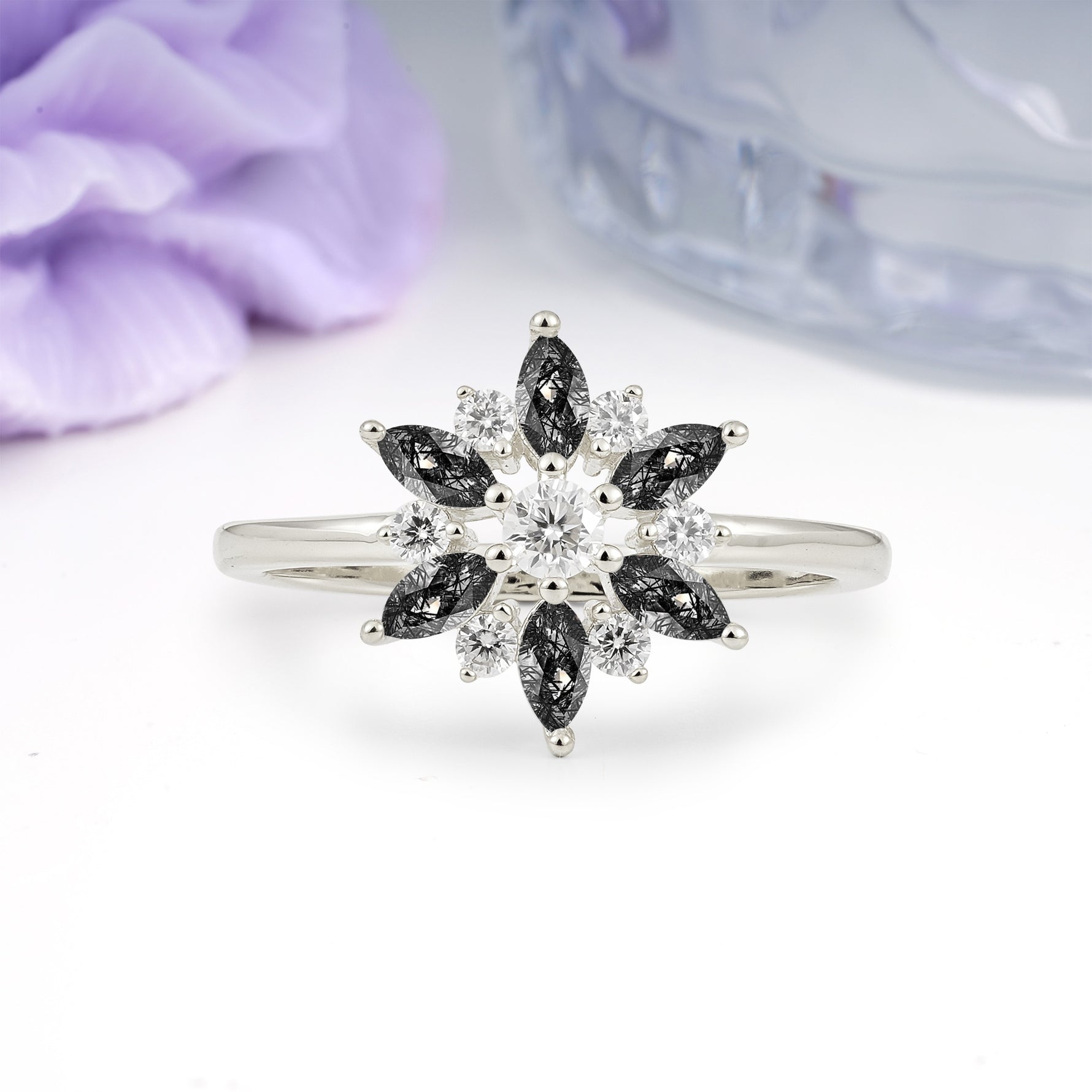 Symmetric Six Marquise Snowflake Cluster Center Round Cut Black Rutilated Quartz Engagement Ring - Additional view