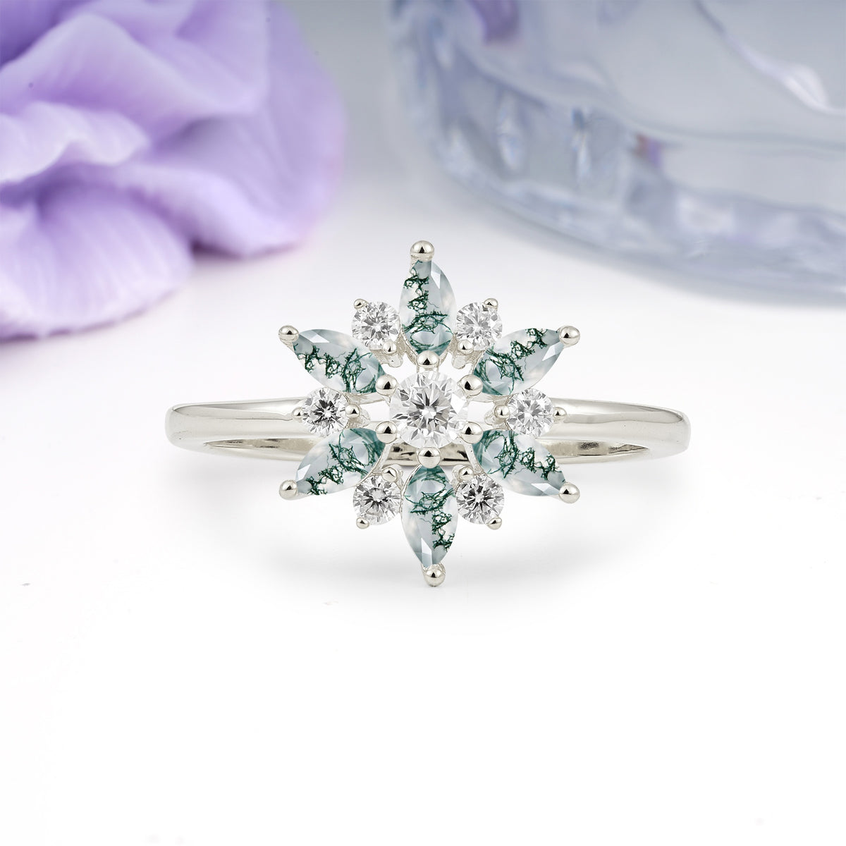 Symmetric Six Marquise Snowflake Cluster Center Round Cut Moss Agate Engagement Ring - Additional view