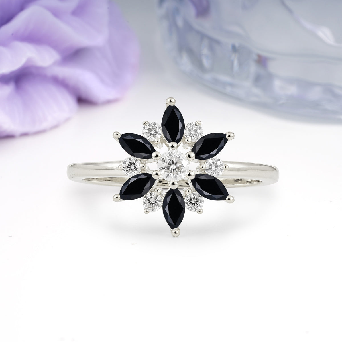 Symmetric Six Marquise Snowflake Cluster Center Round Cut Black Onyx Engagement Ring - Additional view