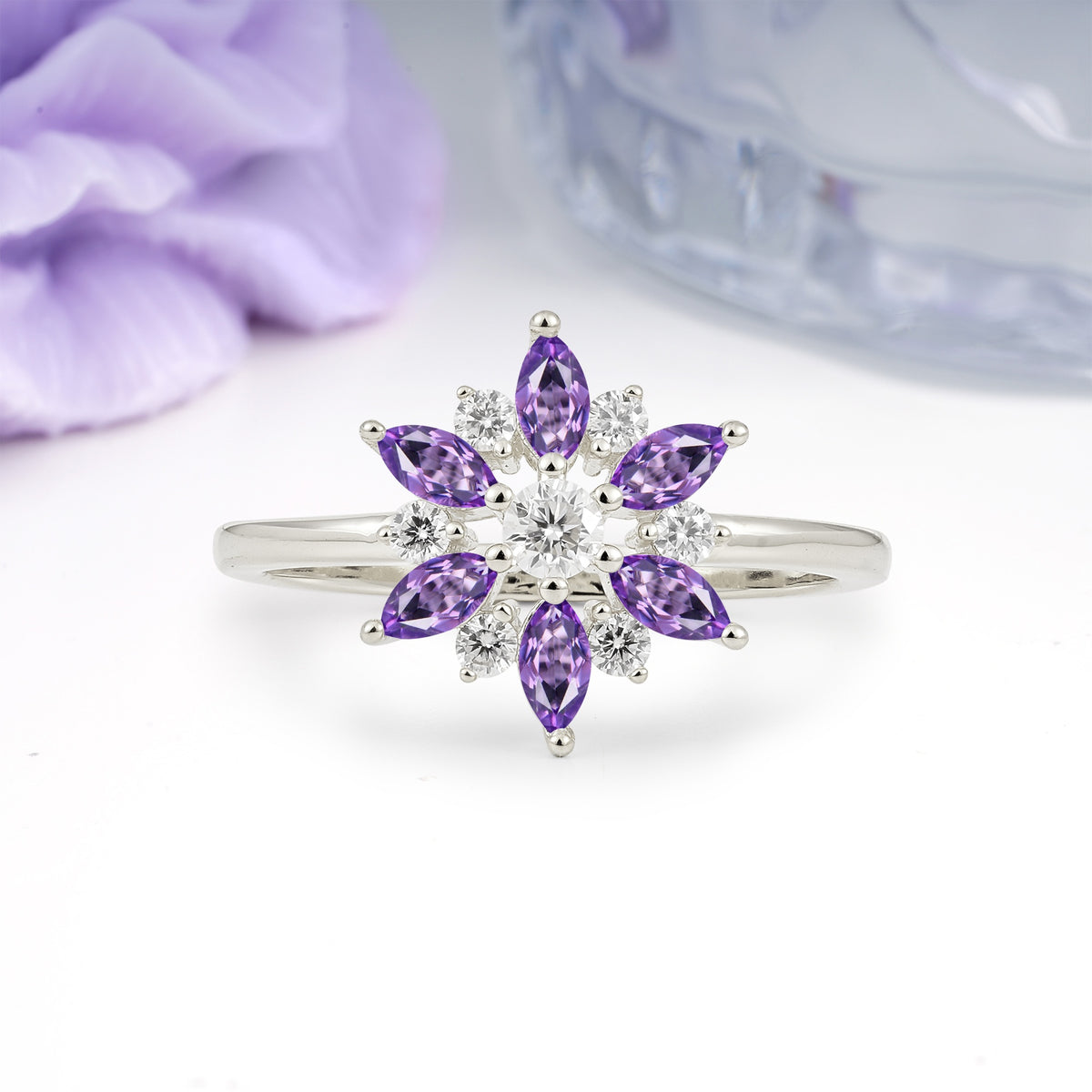 Symmetric Six Marquise Snowflake Cluster Center Round Cut Amethyst Engagement Ring - Additional view