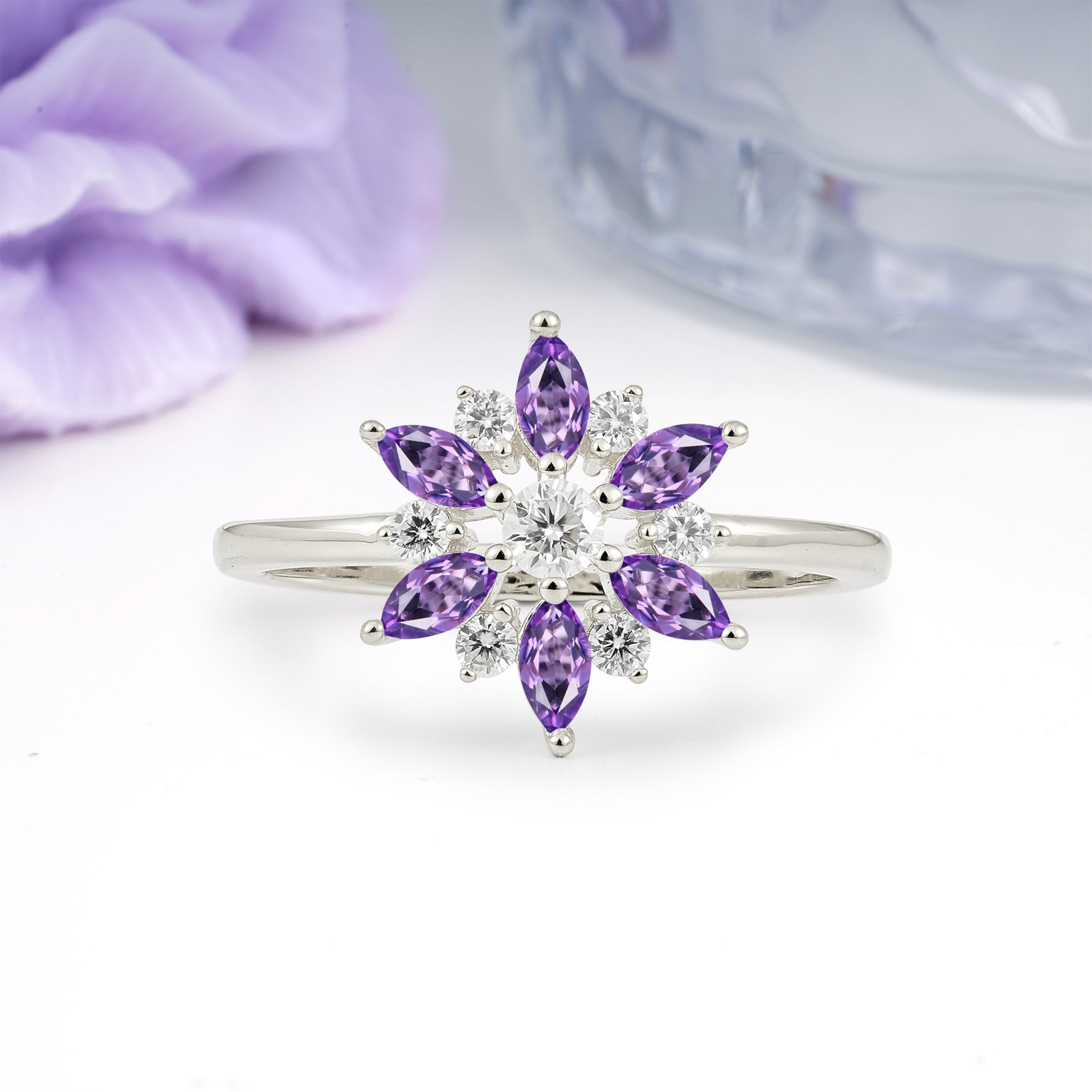 Symmetric Six Marquise Snowflake Cluster Center Round Cut Amethyst Engagement Ring - Additional view