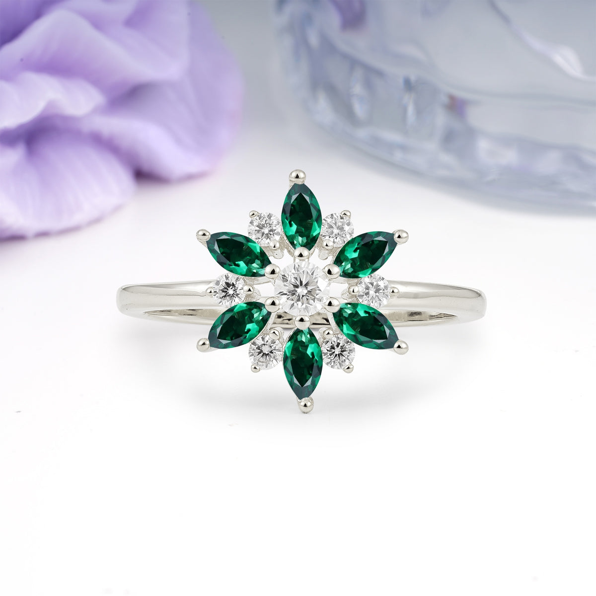 Symmetric Six Marquise Snowflake Cluster Center Round Cut Emerald Engagement Ring - Additional view