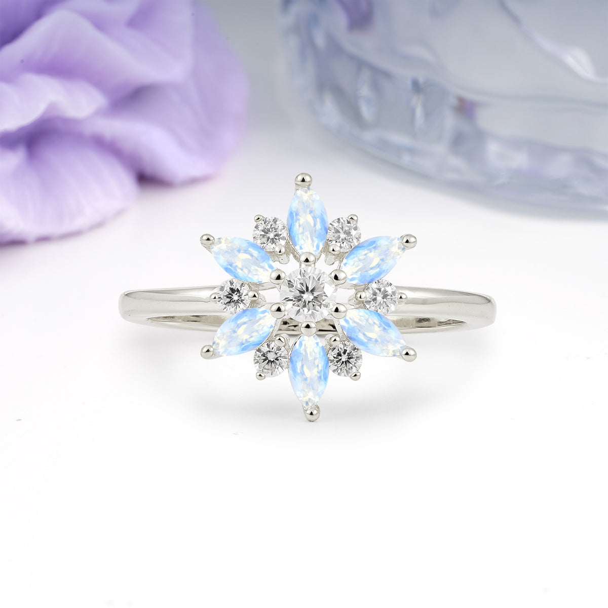 Symmetric Six Marquise Snowflake Cluster Center Round Cut Moonstone Engagement Ring - Additional view