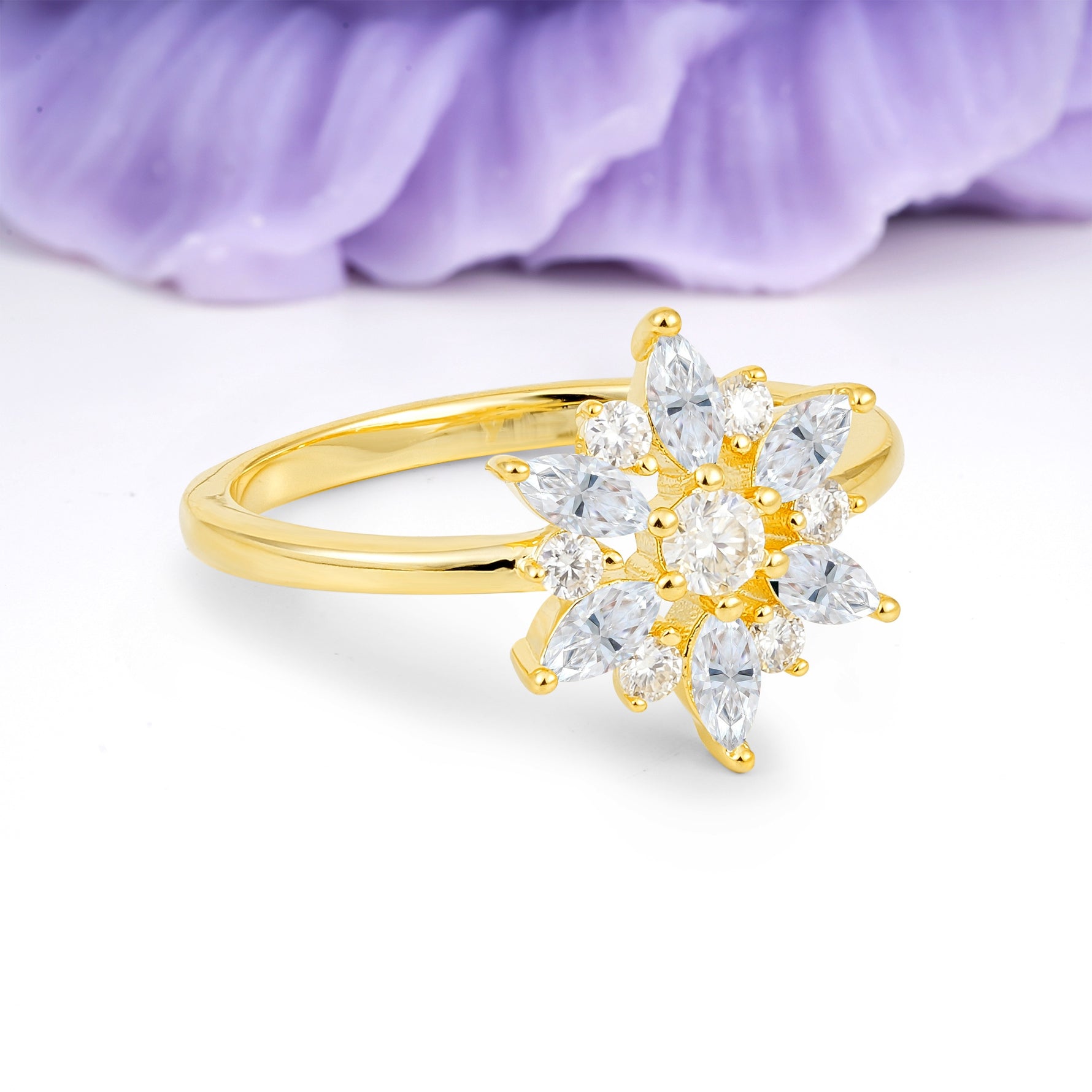 Symmetric Six Marquise Snowflake Cluster Center Round Cut Moissanite Engagement Ring - Additional view