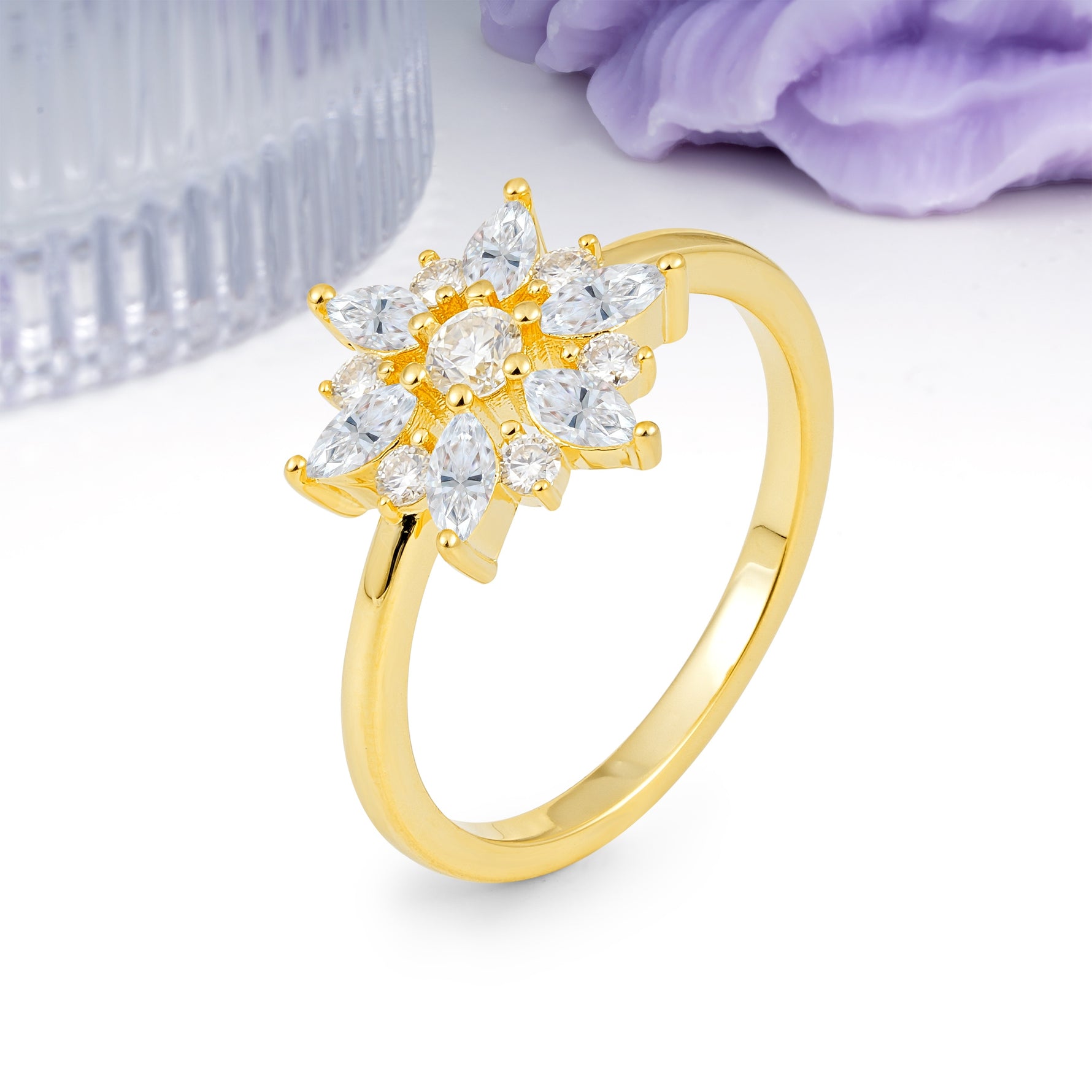 Symmetric Six Marquise Snowflake Cluster Center Round Cut Moissanite Engagement Ring - Additional view