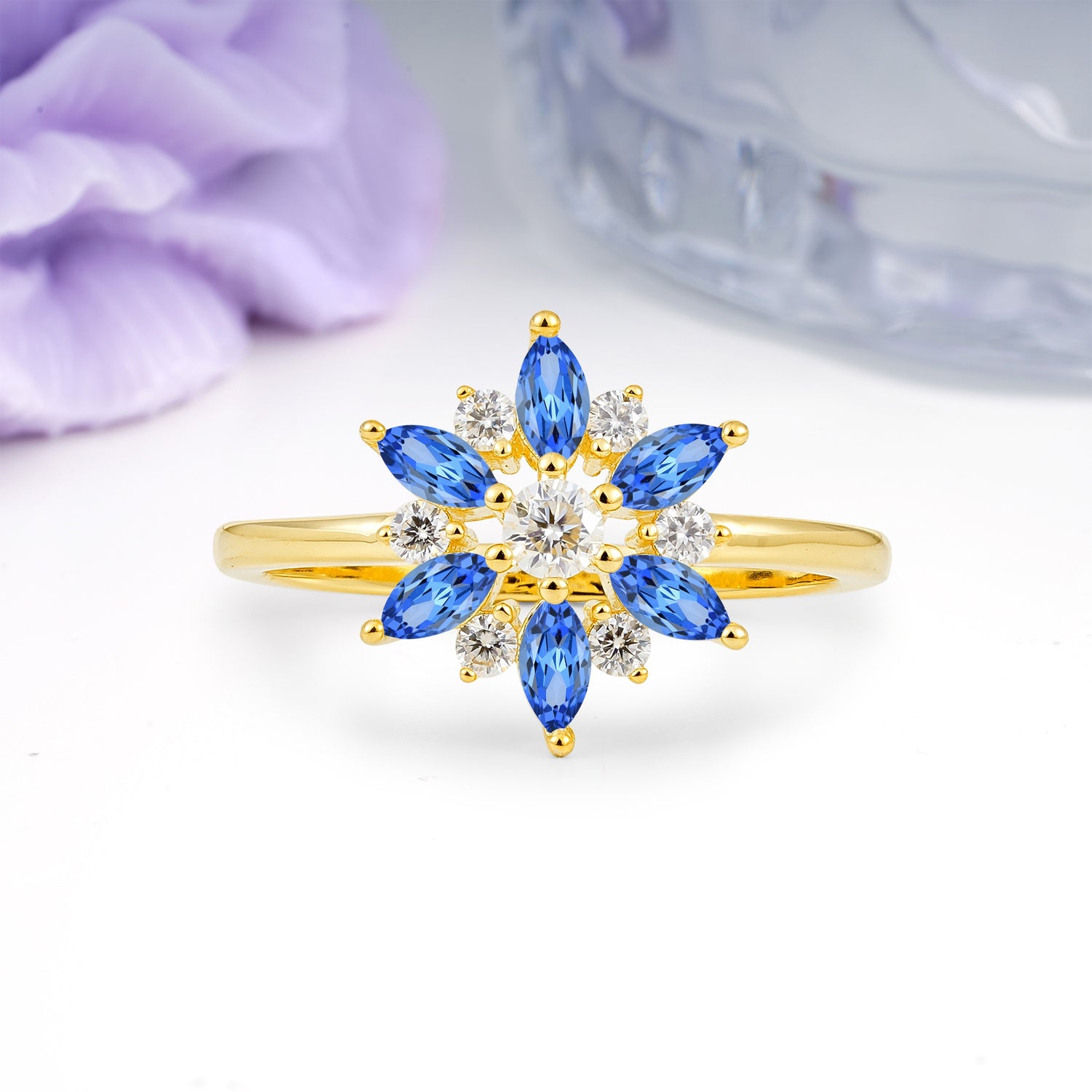 Symmetric Six Marquise Snowflake Cluster Center Round Cut Sapphire Engagement Ring - Additional view