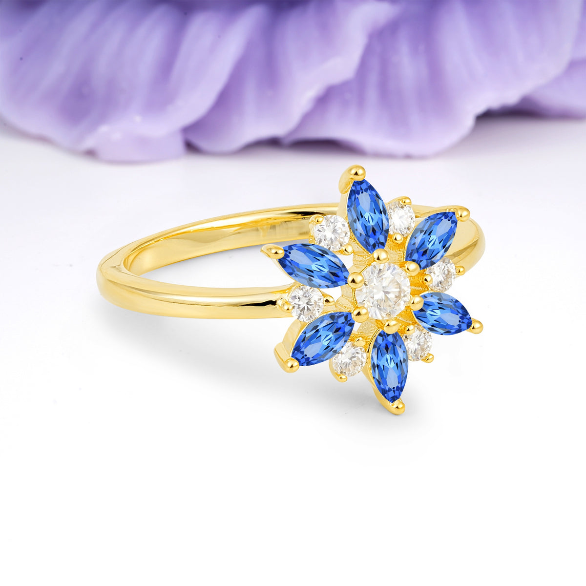 Symmetric Six Marquise Snowflake Cluster Center Round Cut Sapphire Engagement Ring - Additional view