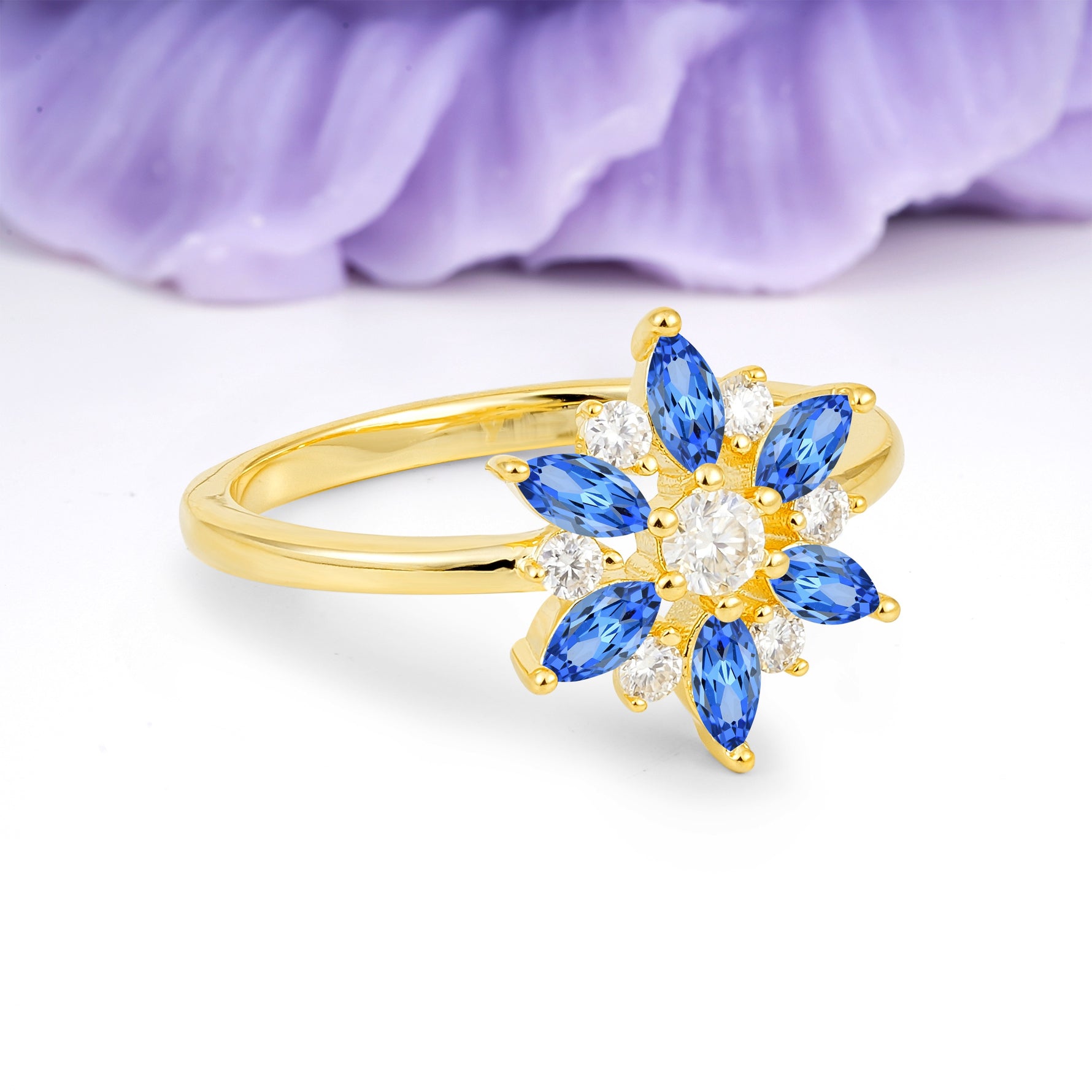 Symmetric Six Marquise Snowflake Cluster Center Round Cut Sapphire Engagement Ring - Additional view