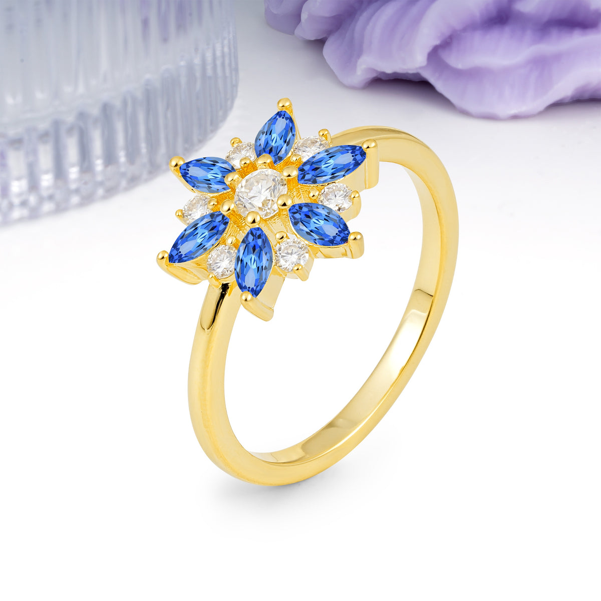 Symmetric Six Marquise Snowflake Cluster Center Round Cut Sapphire Engagement Ring - Additional view
