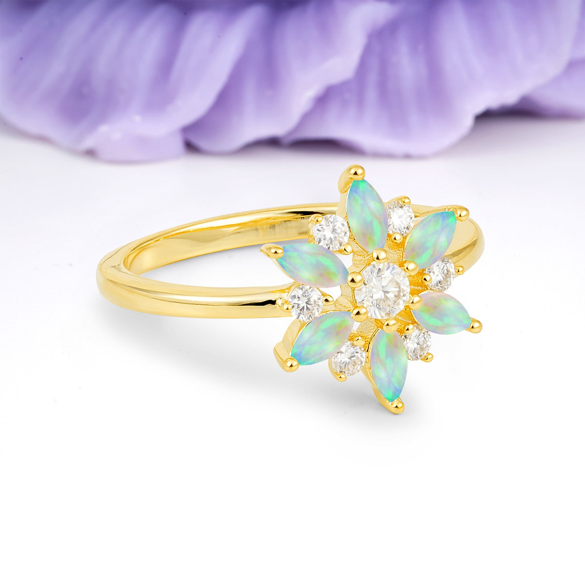 Symmetric Six Marquise Snowflake Cluster Center Round Cut Fire Opal Engagement Ring - Additional view