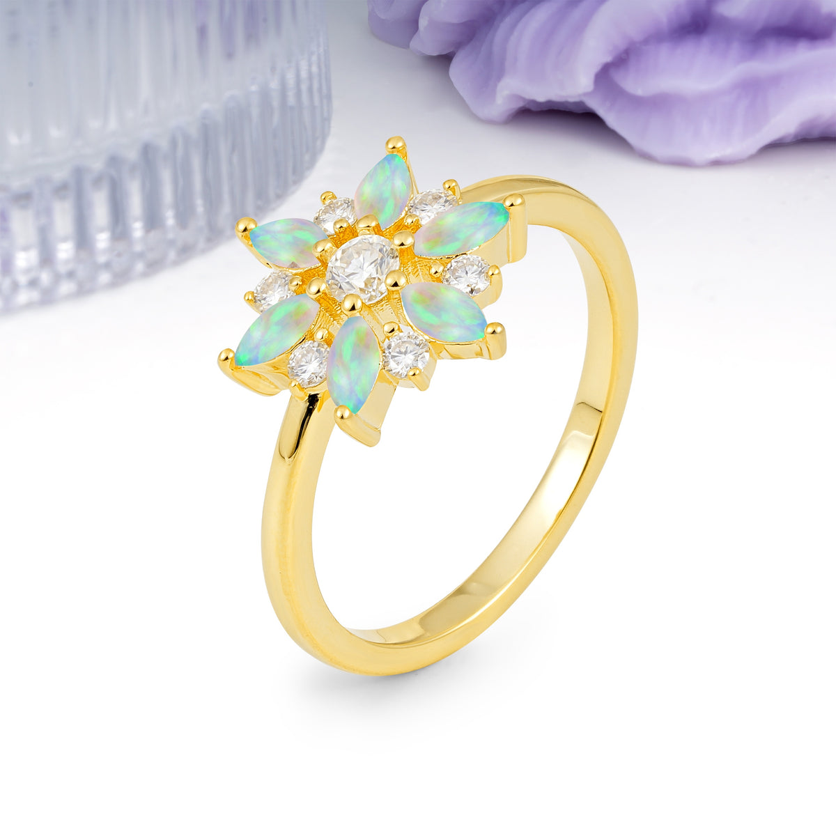 Symmetric Six Marquise Snowflake Cluster Center Round Cut Fire Opal Engagement Ring - Additional view