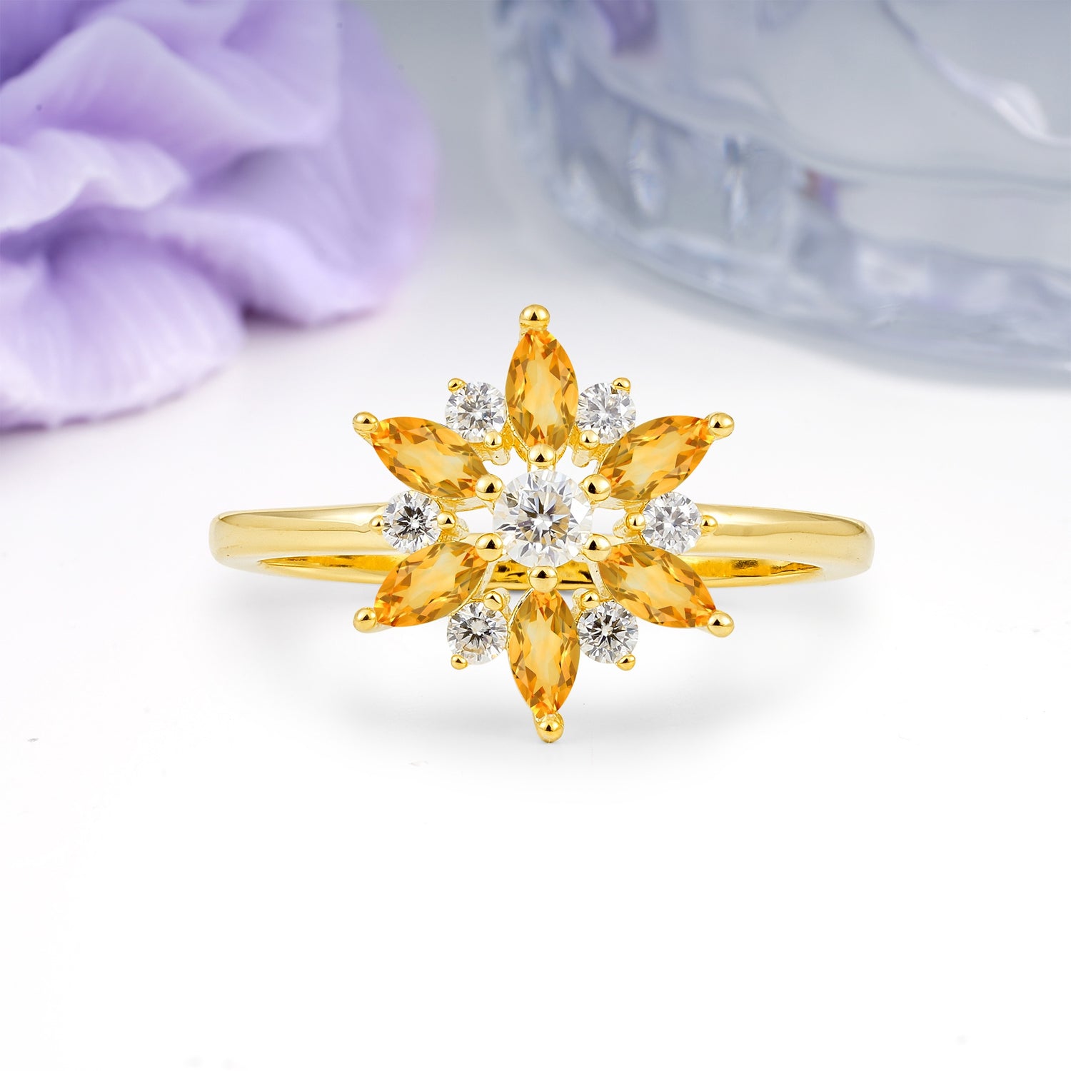 Symmetric Six Marquise Snowflake Cluster Center Round Cut Citrine Engagement Ring - Additional view